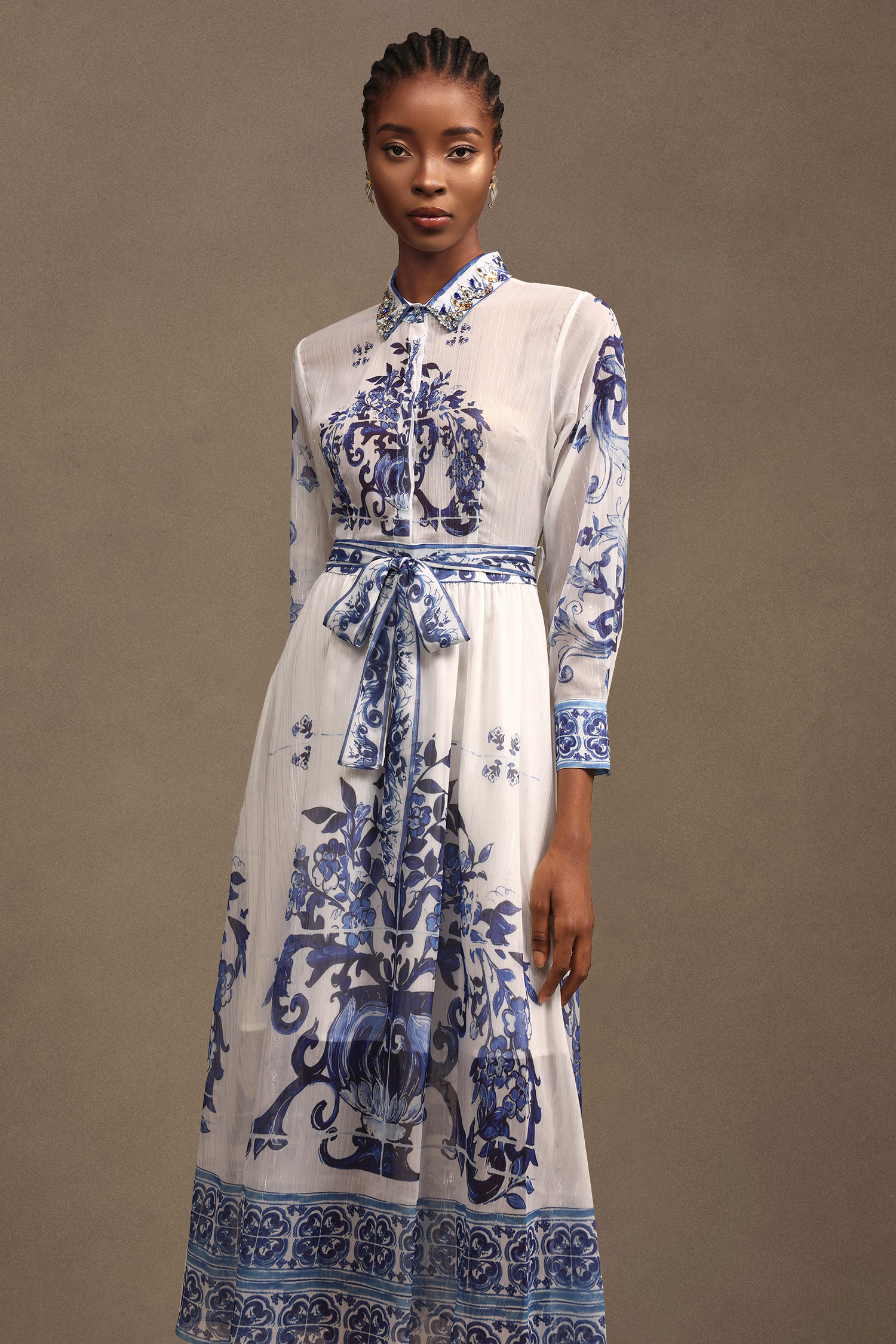 Valo Elegant Long Sleeve Printed Chiffon Midi Dress