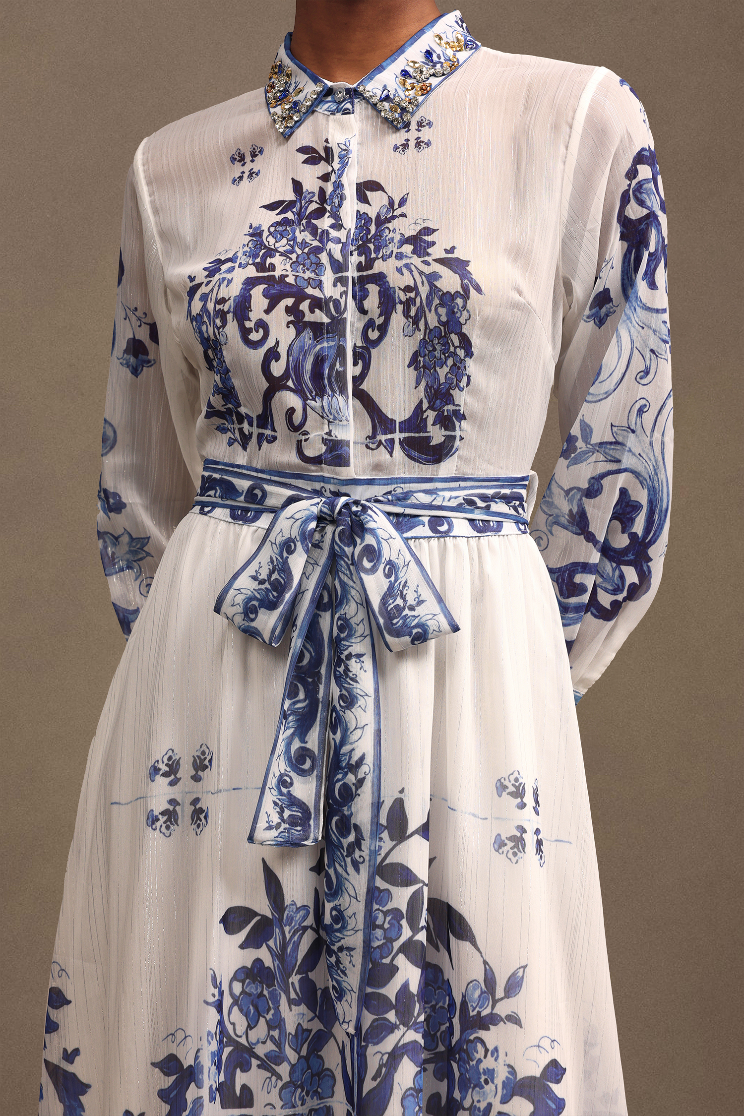 Valo Elegant Long Sleeve Printed Chiffon Midi Dress