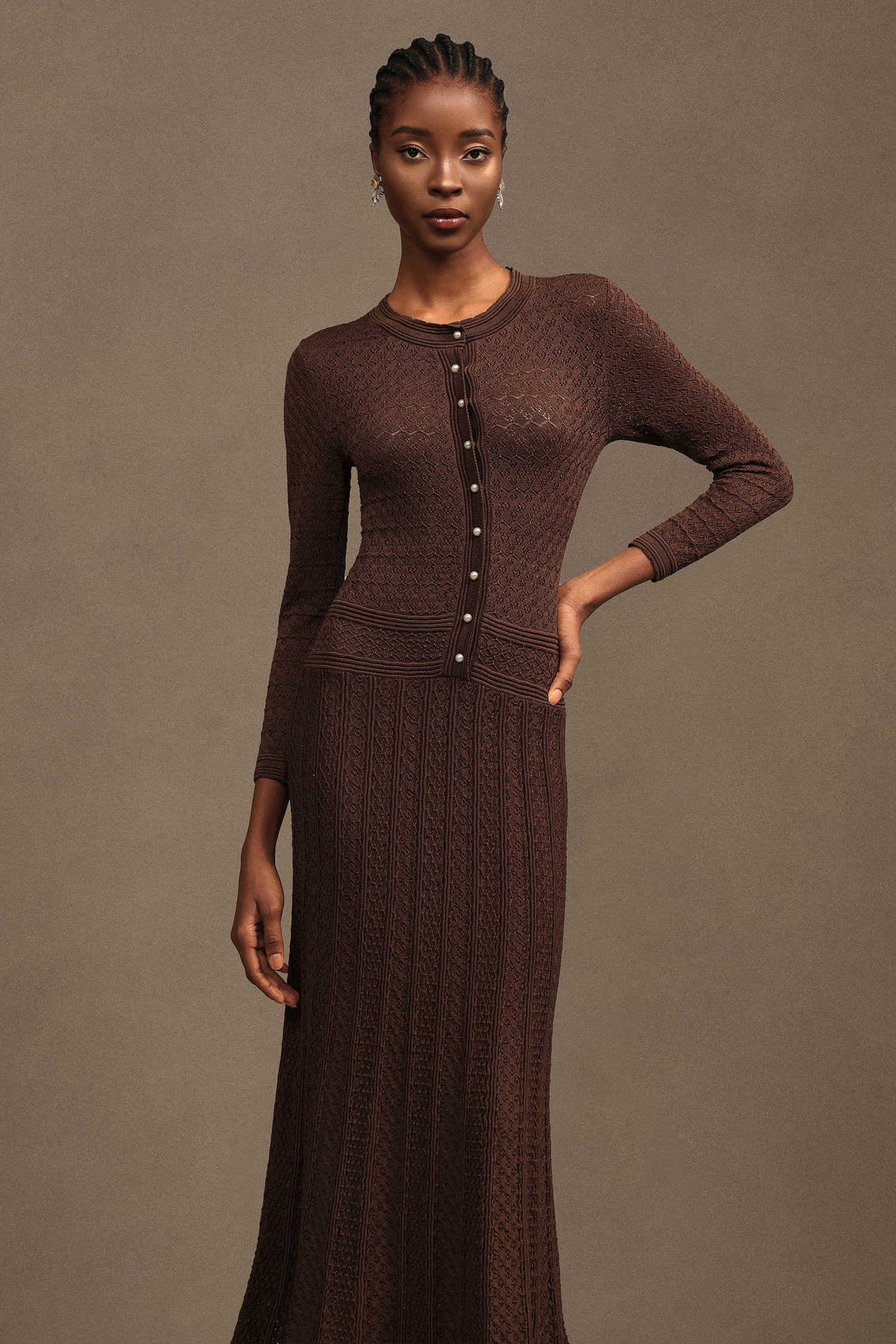 Varuni Elegant Contour Long Sleeve Textured Knit Maxi Dress