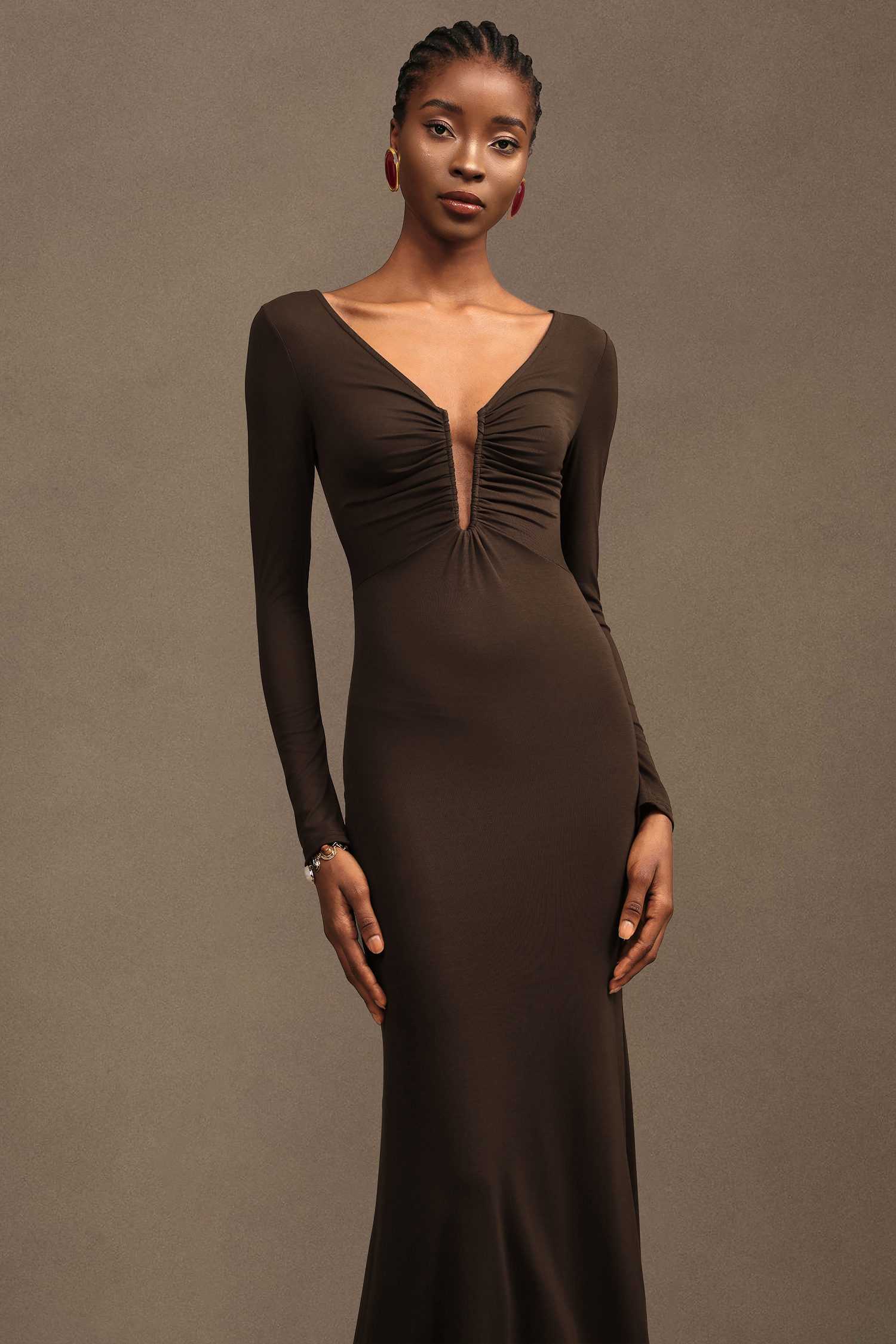 Iana Elegant Contour Ruched V Neck Long Sleeve Maxi Dress