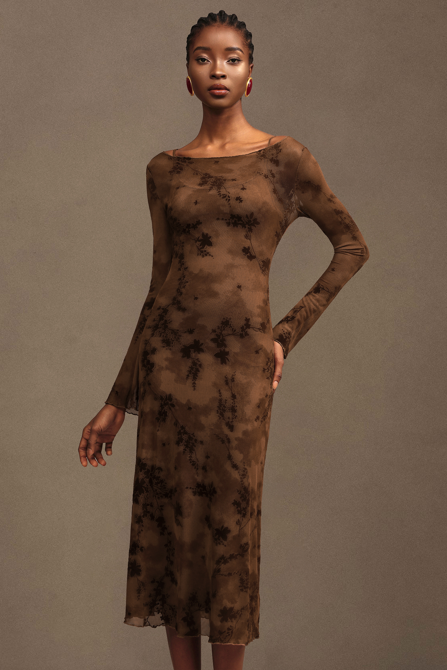 Jinx Elegant Contour Long Sleeve Mesh Midi Dress