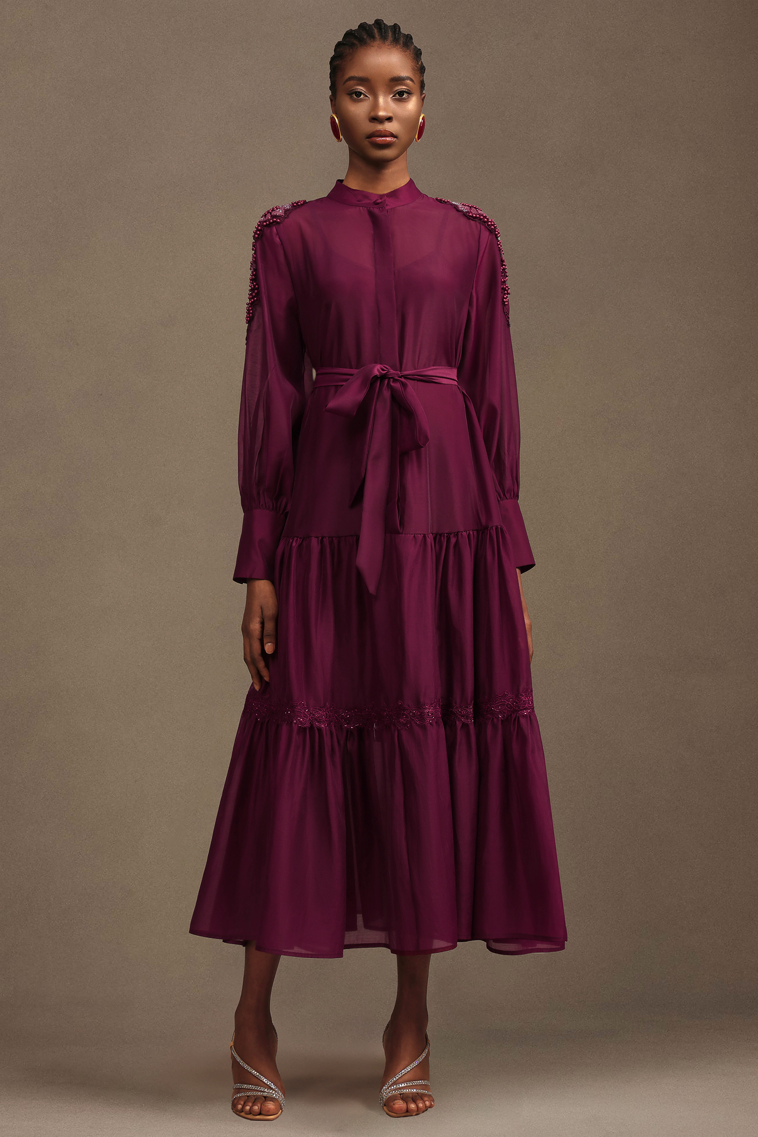 Teela Resort Flowy Long Sleeve Chiffon Red Maxi Dress