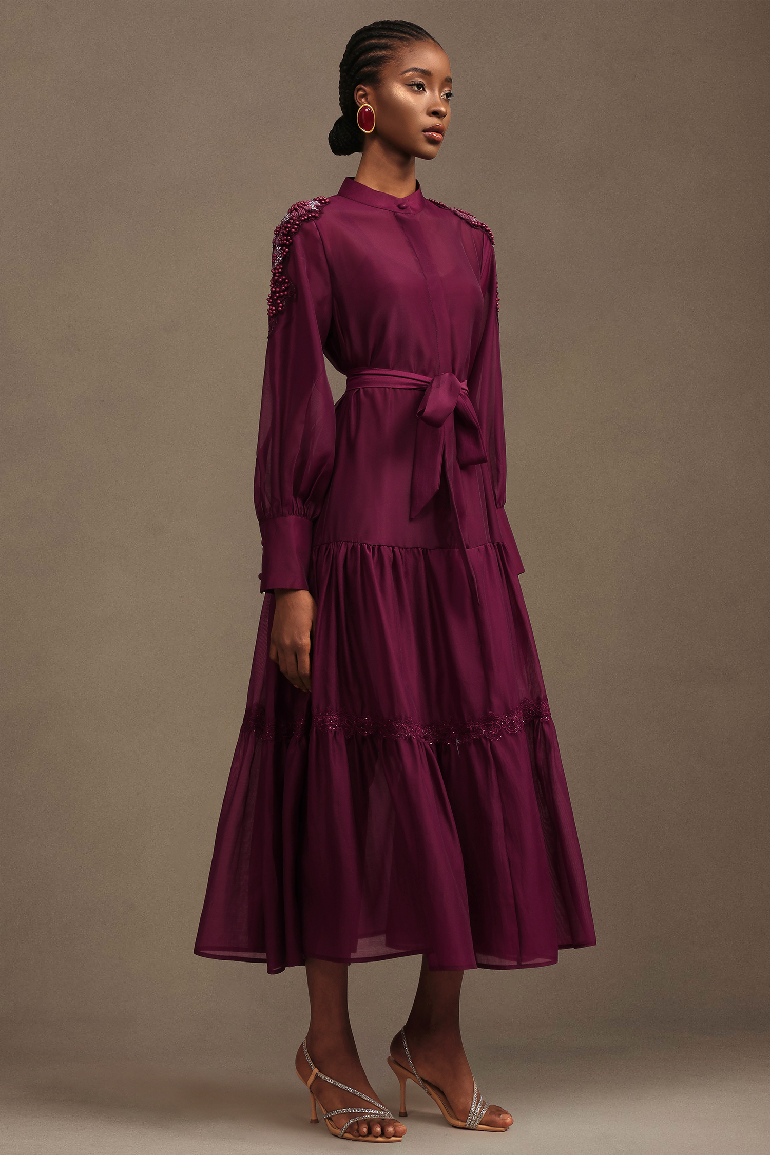 Teela Resort Flowy Long Sleeve Chiffon Red Maxi Dress