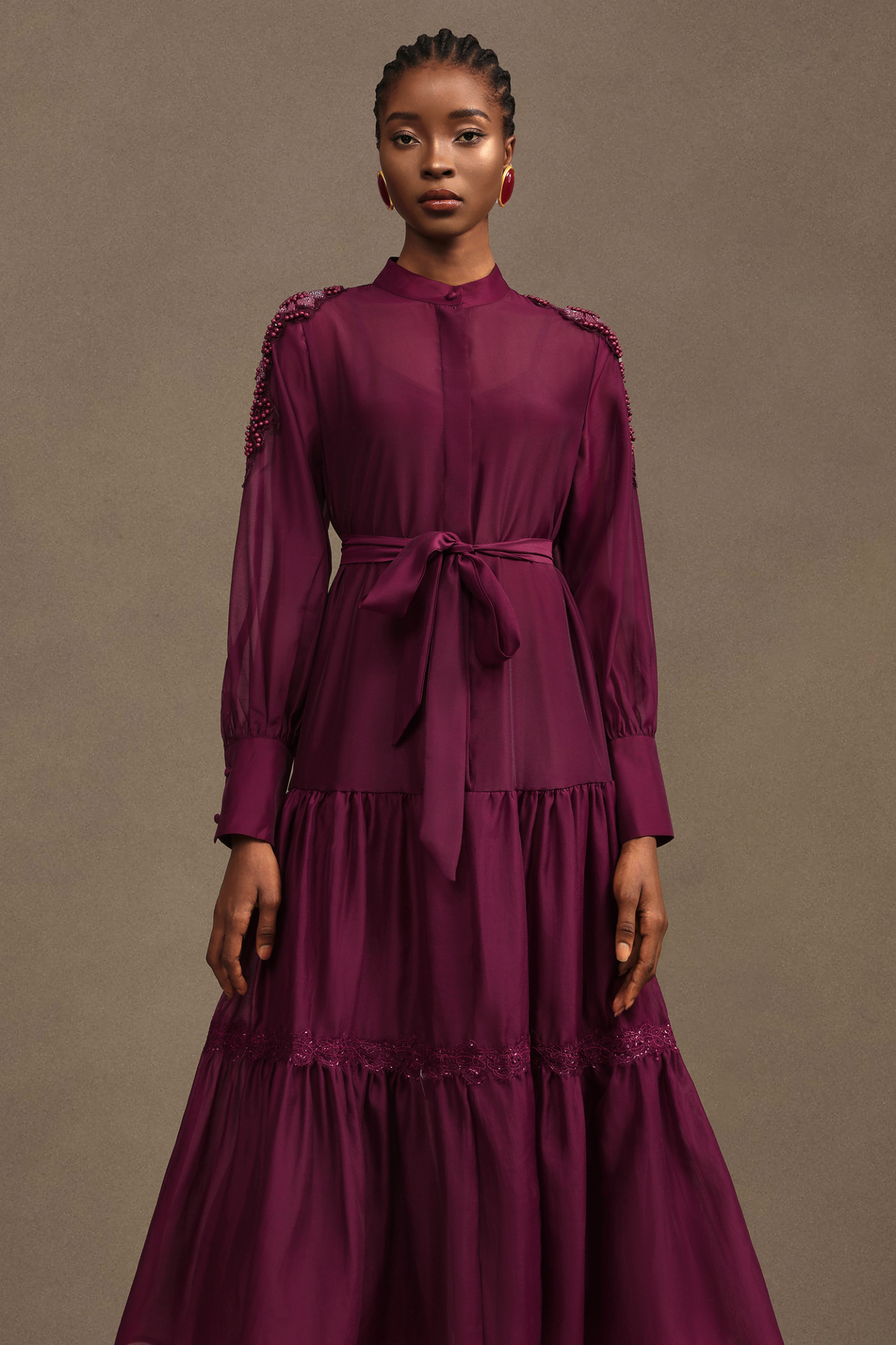 Teela Resort Flowy Long Sleeve Chiffon Red Maxi Dress