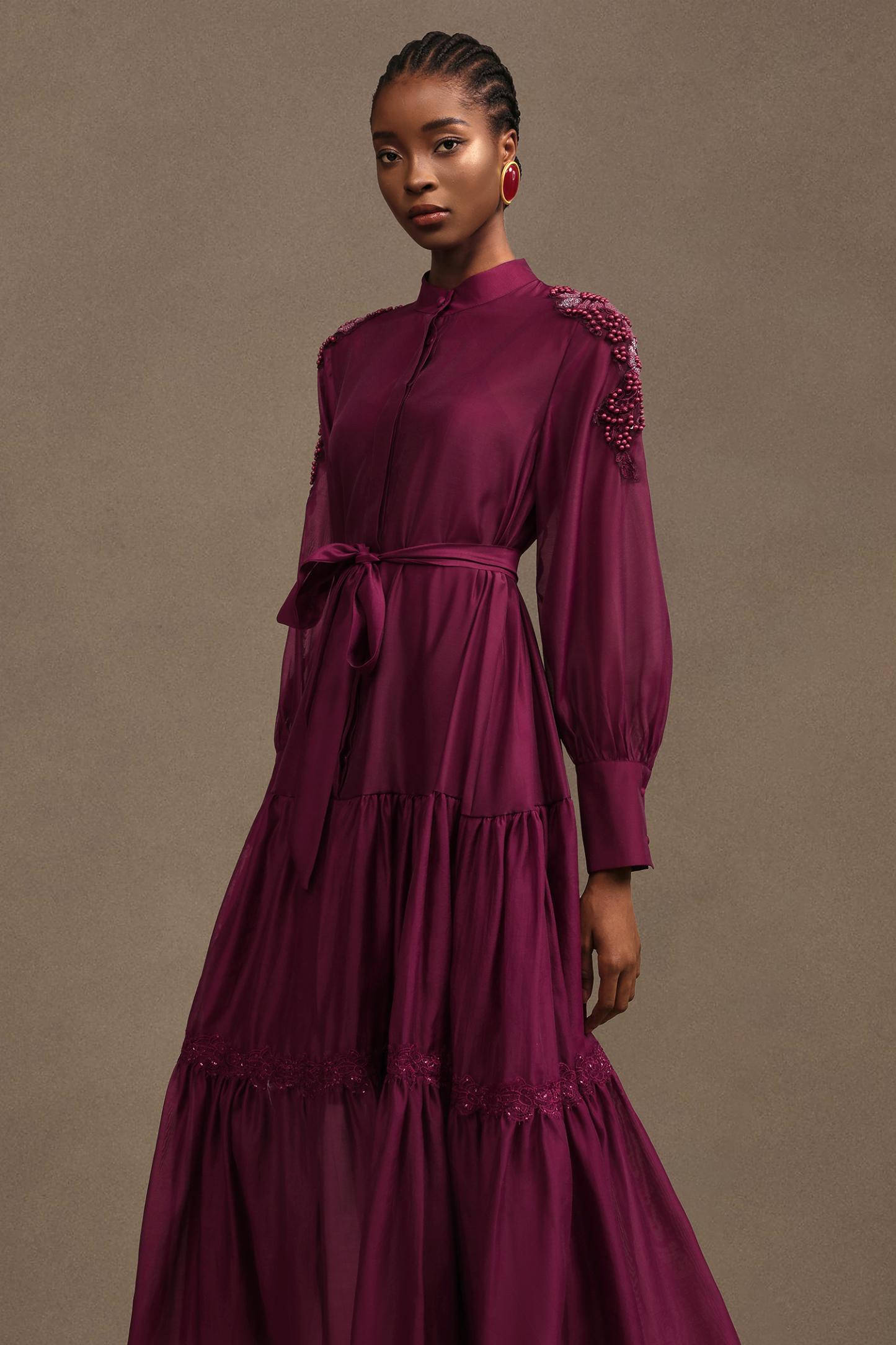 Teela Resort Flowy Long Sleeve Chiffon Red Maxi Dress