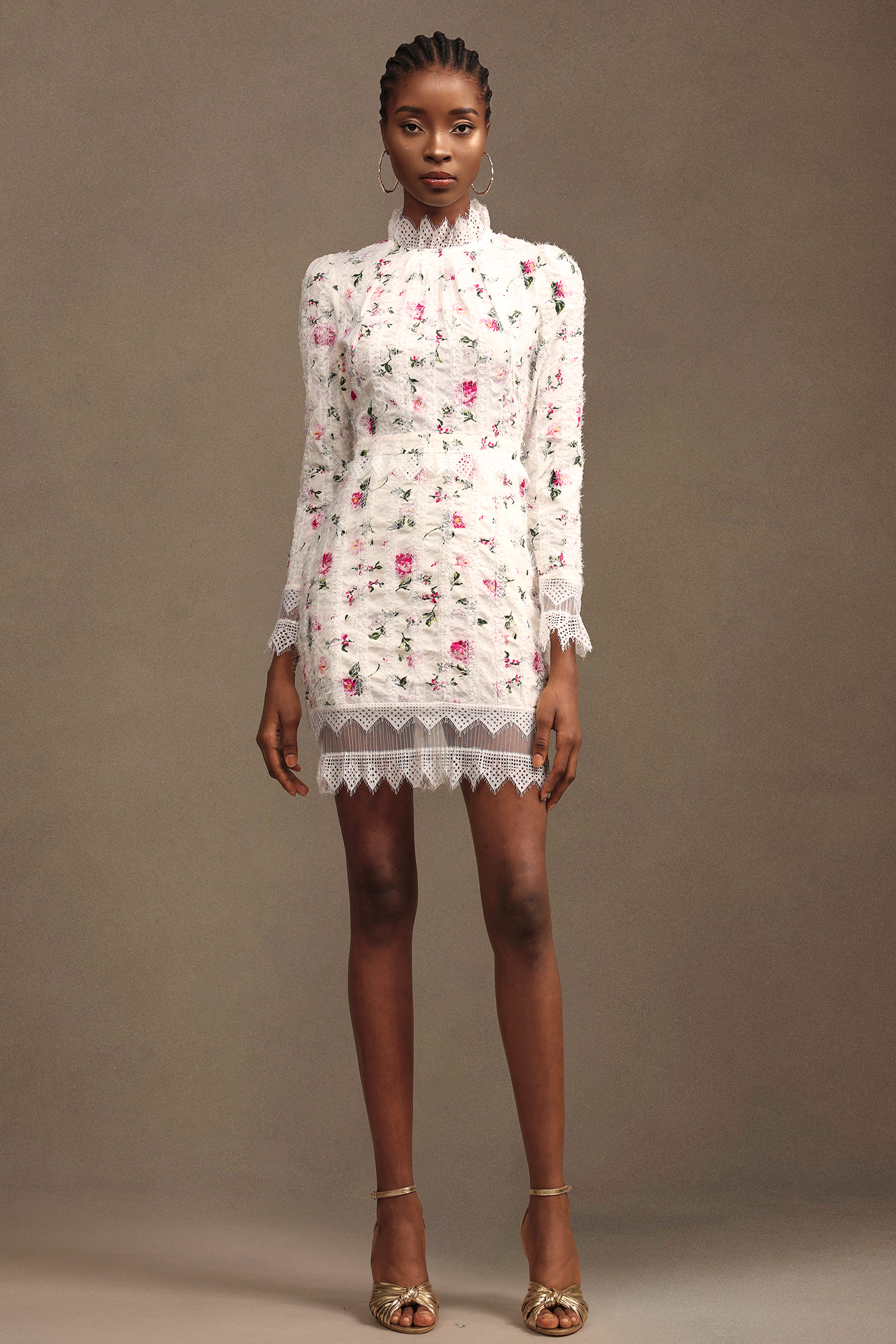 Renata Romantic Tailored Long Sleeve Printed Lace Woven Mini Dress