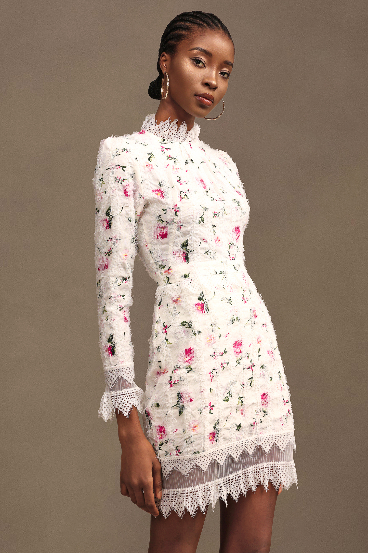Renata Romantic Tailored Long Sleeve Printed Lace Woven Mini Dress