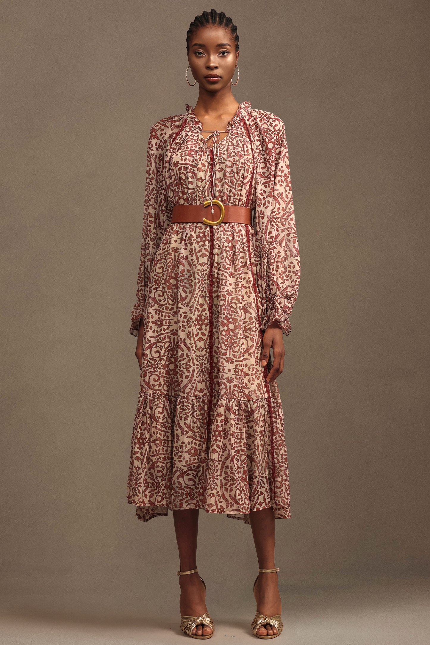 Dolo Resort Bohemian Flowy Long Sleeve Printed Chiffon Maxi Dress