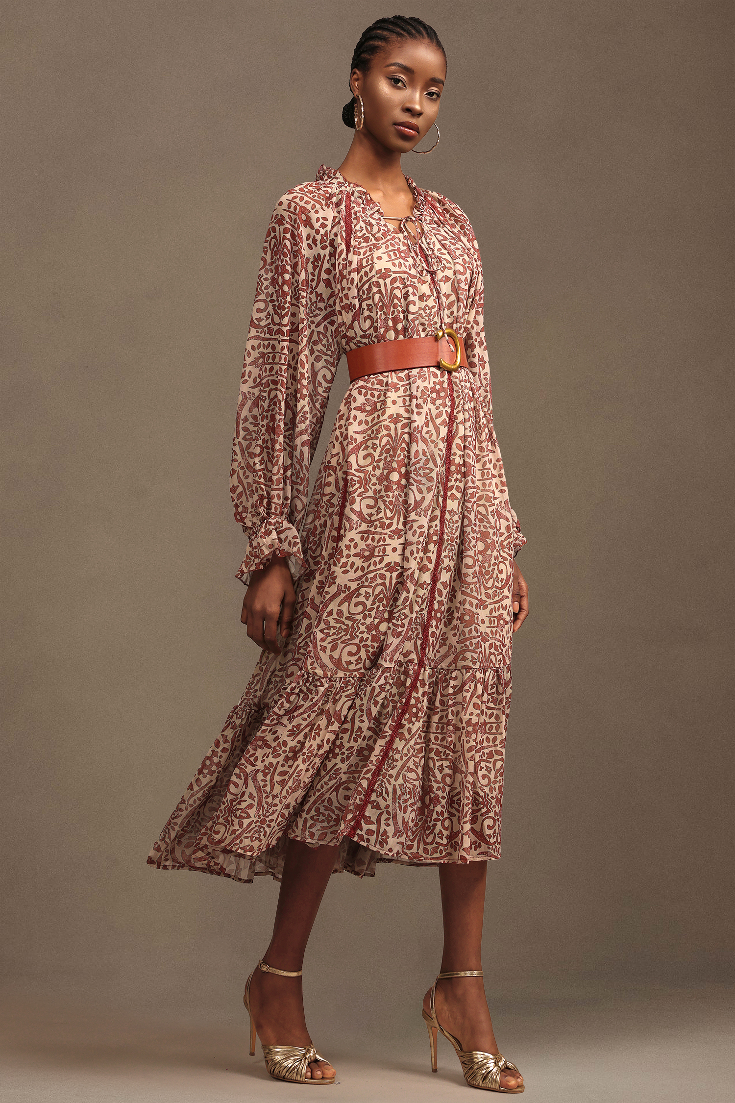 Dolo Resort Bohemian Flowy Long Sleeve Printed Chiffon Maxi Dress