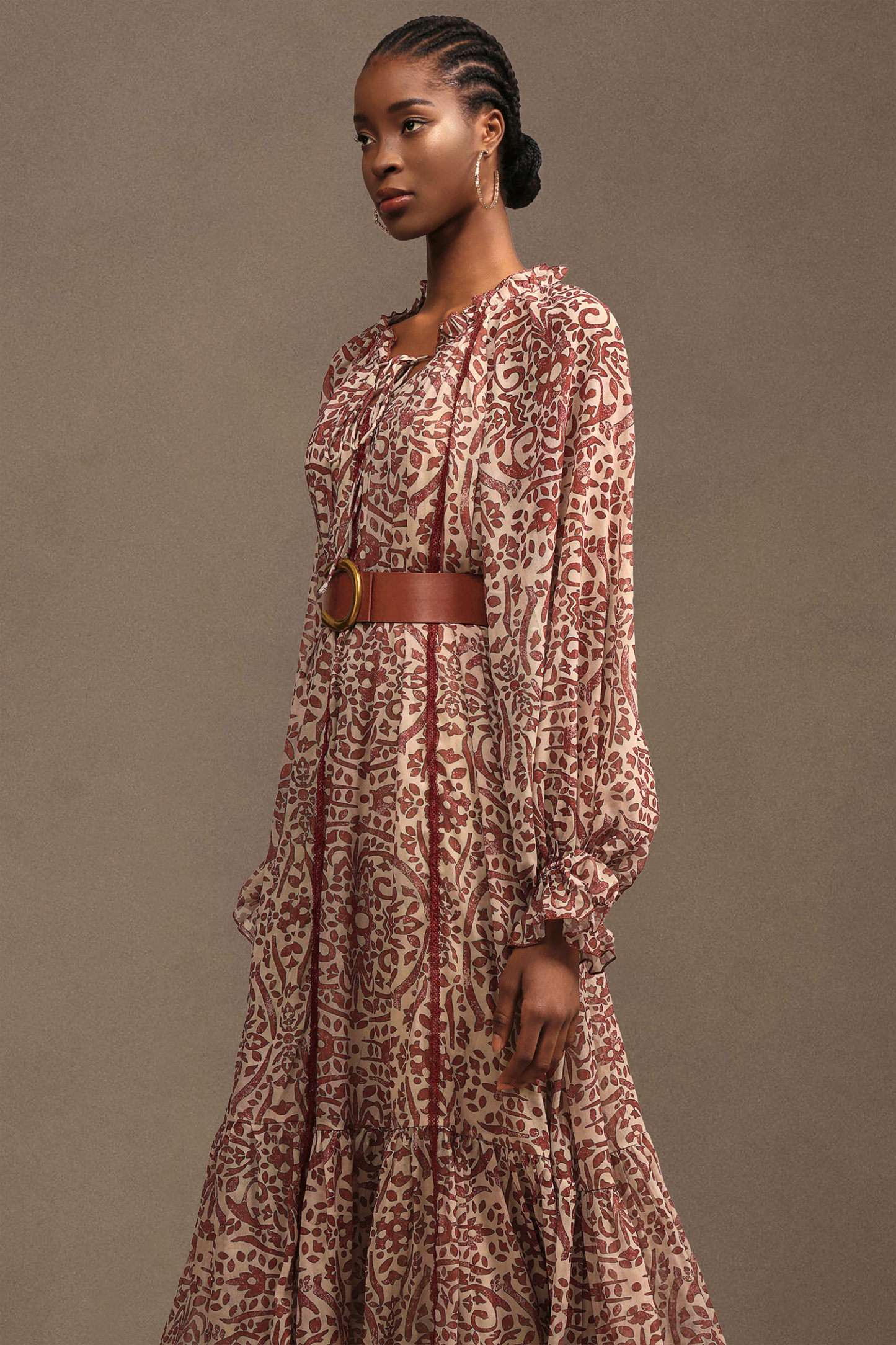 Dolo Resort Bohemian Flowy Long Sleeve Printed Chiffon Maxi Dress