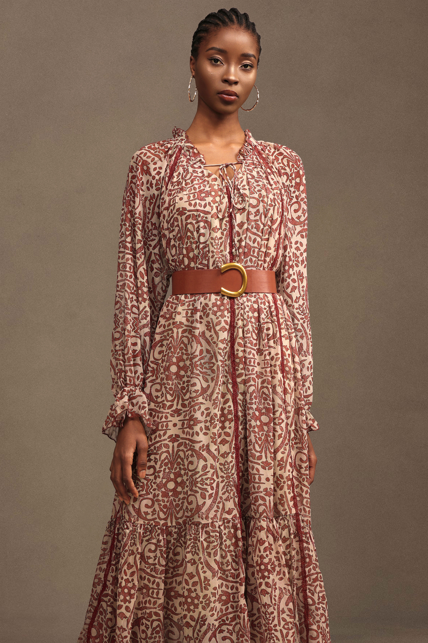 Dolo Resort Bohemian Flowy Long Sleeve Printed Chiffon Maxi Dress