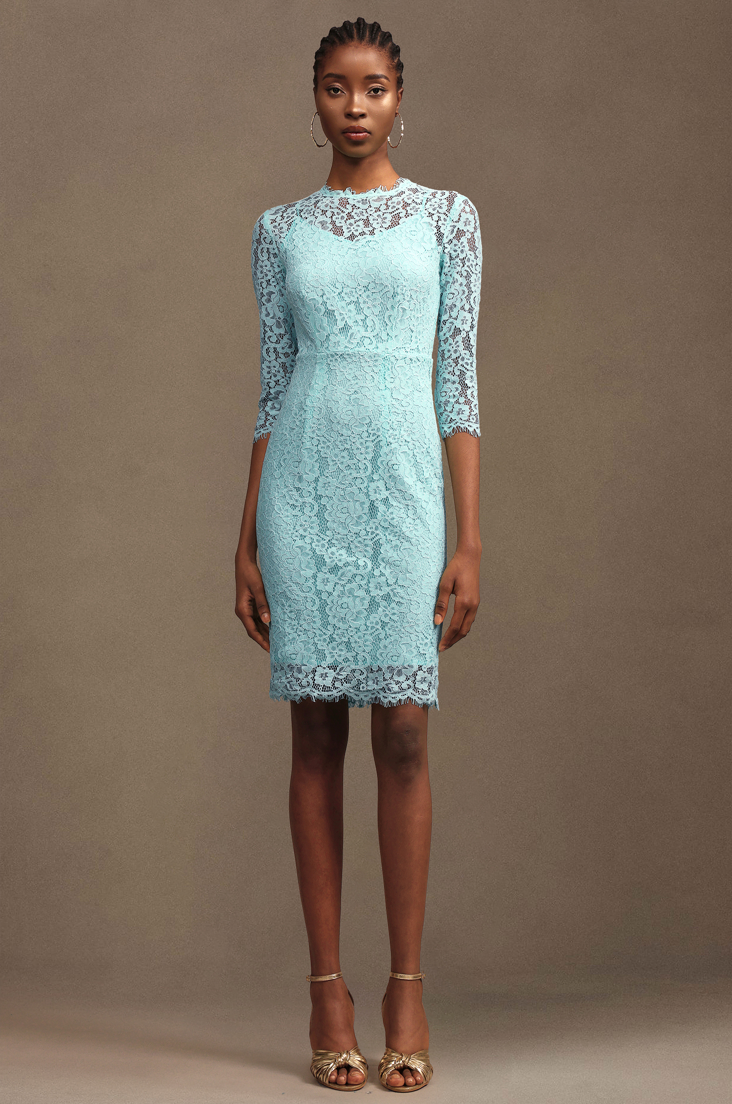 Kezia Elegant Tailored Round Neck Long Sleeve Floral Lace Midi Dress