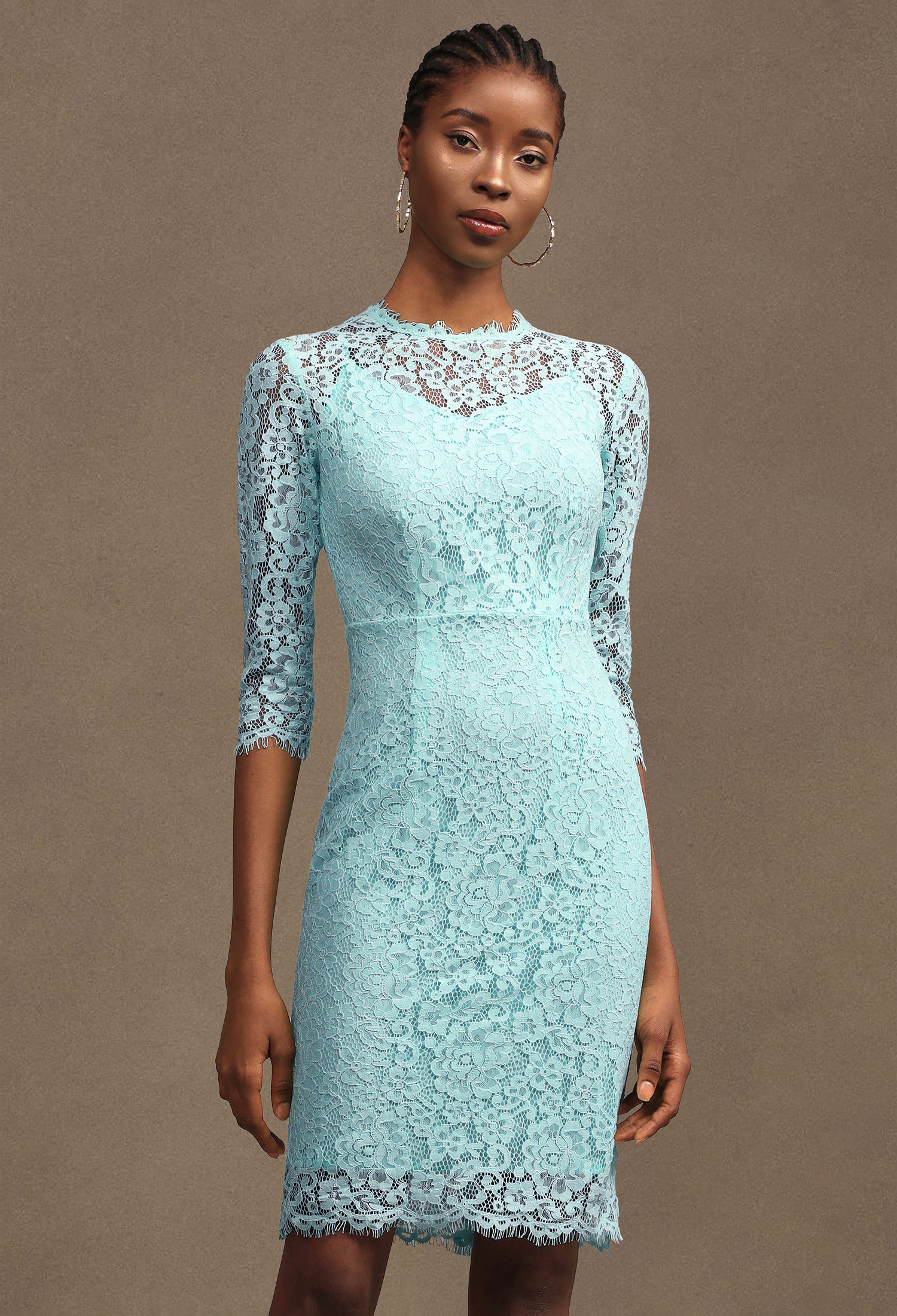 Kezia Elegant Tailored Round Neck Long Sleeve Floral Lace Midi Dress