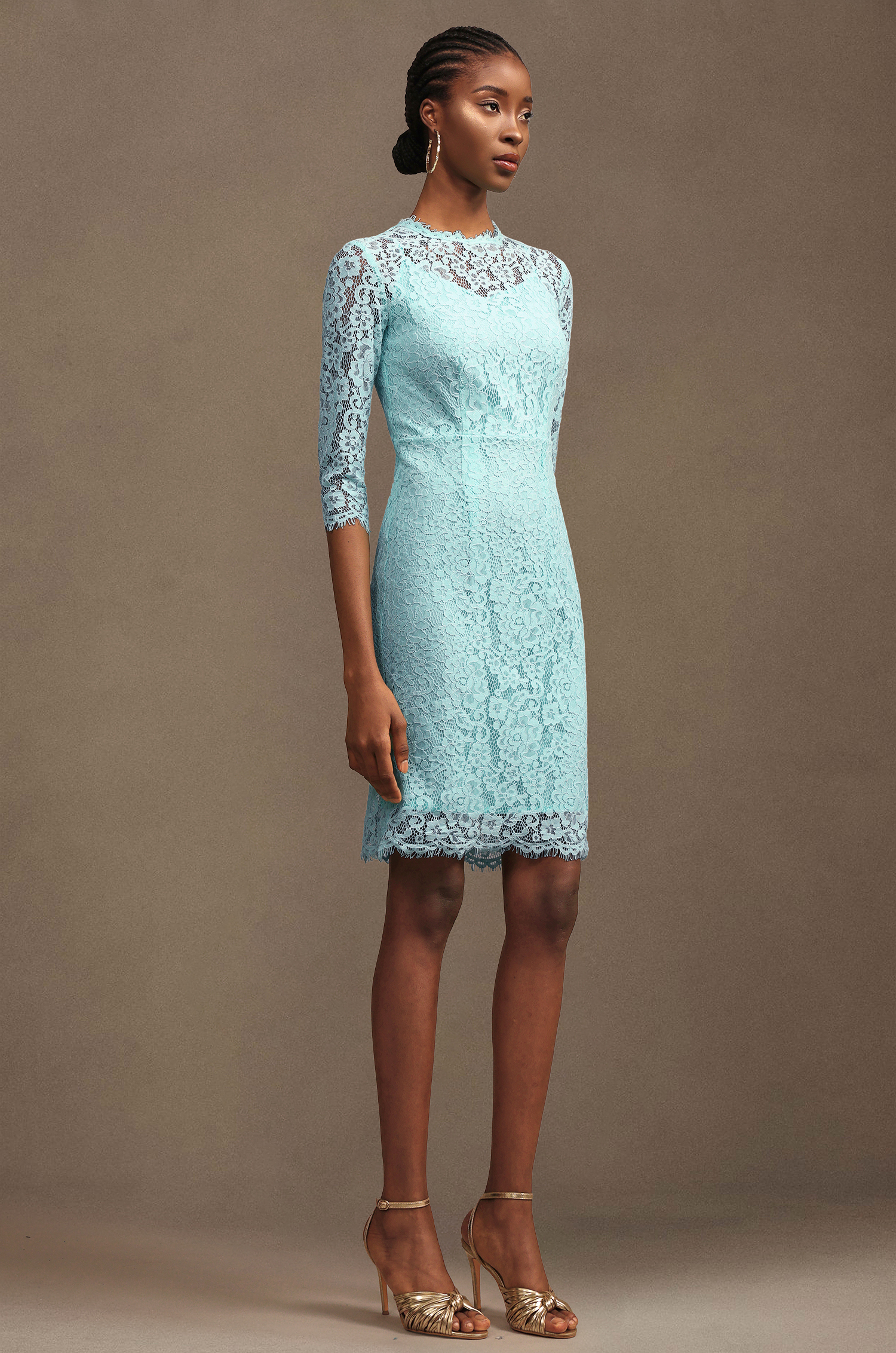 Kezia Elegant Tailored Round Neck Long Sleeve Floral Lace Midi Dress