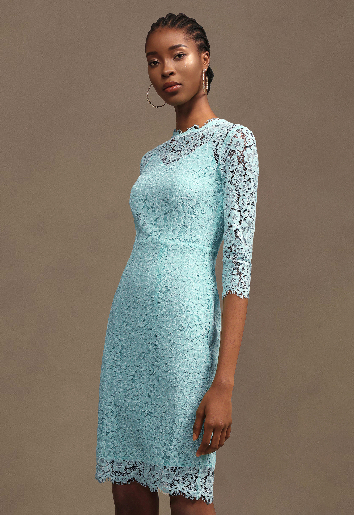 Kezia Elegant Tailored Round Neck Long Sleeve Floral Lace Midi Dress