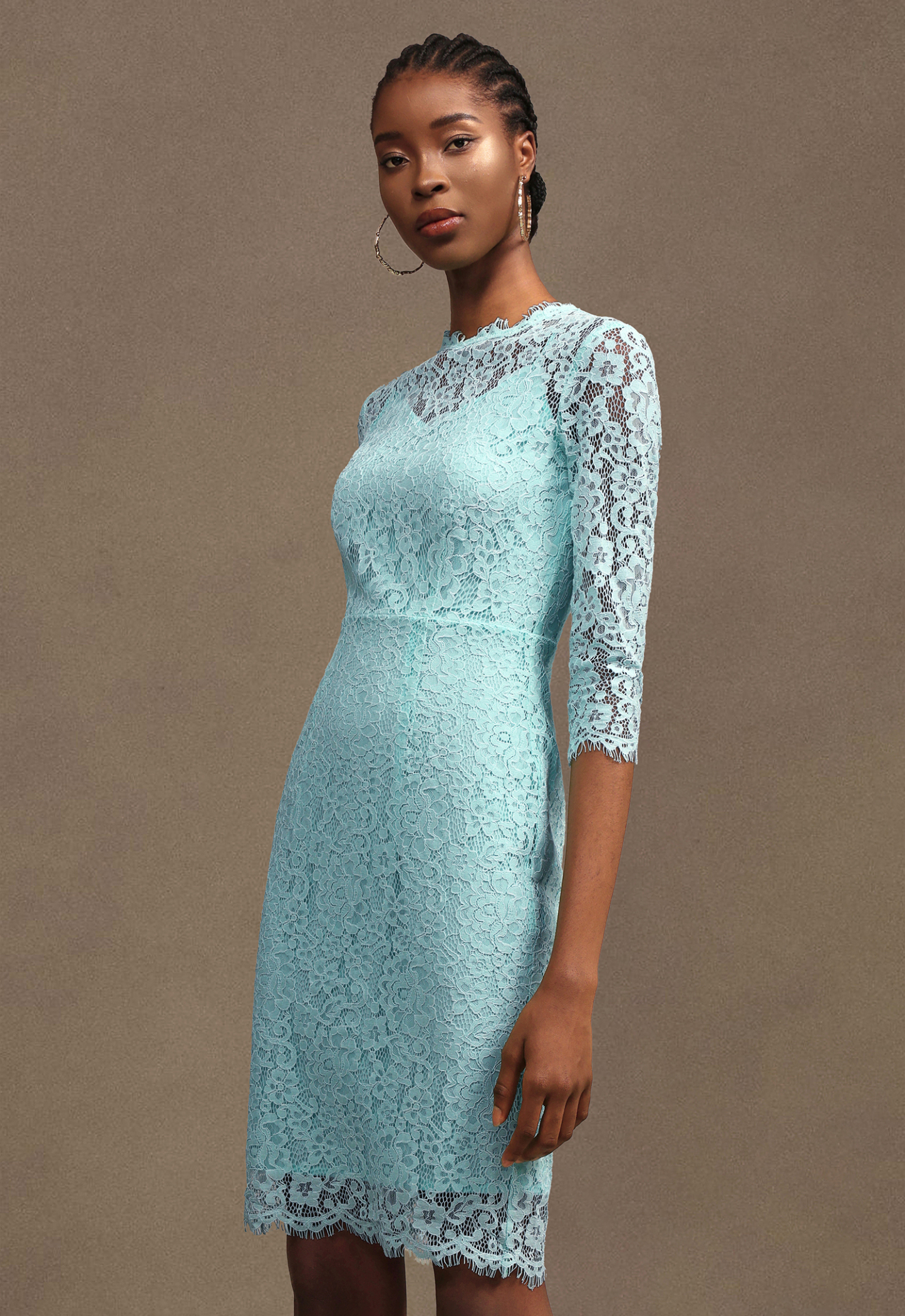 Kezia Elegant Tailored Round Neck Long Sleeve Floral Lace Midi Dress