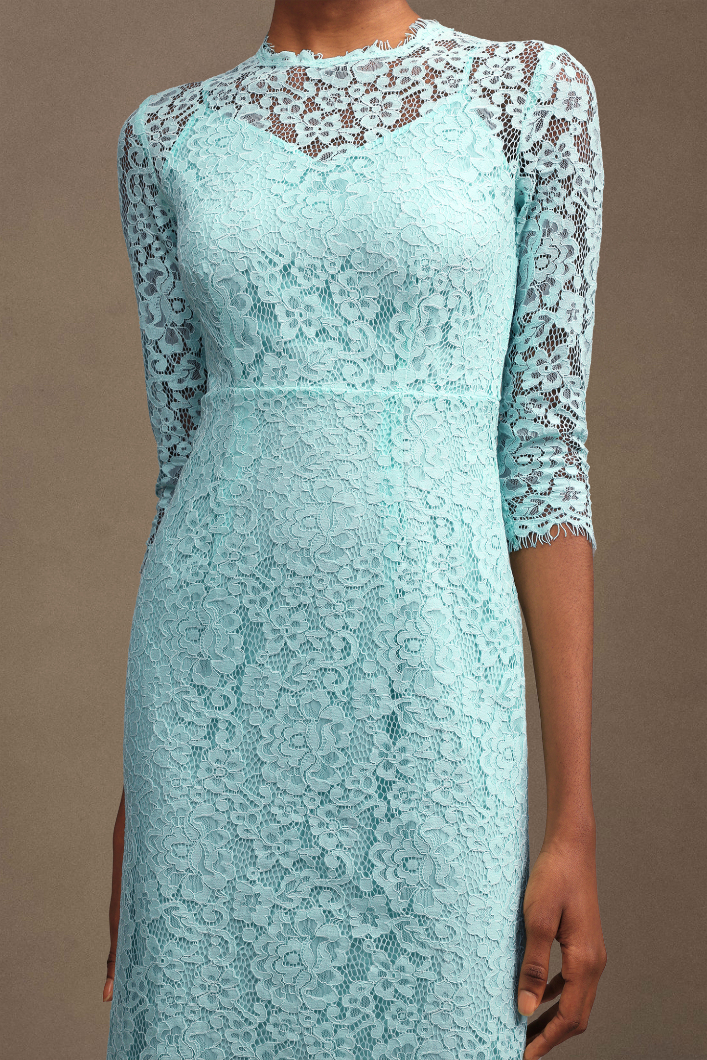 Kezia Elegant Tailored Round Neck Long Sleeve Floral Lace Midi Dress