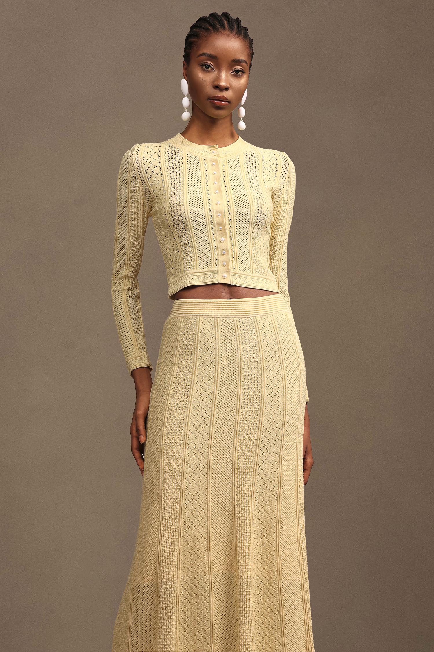 Linette Elegant Contour Long Sleeve Textured Knit Top And Skirt Two-Piece Set