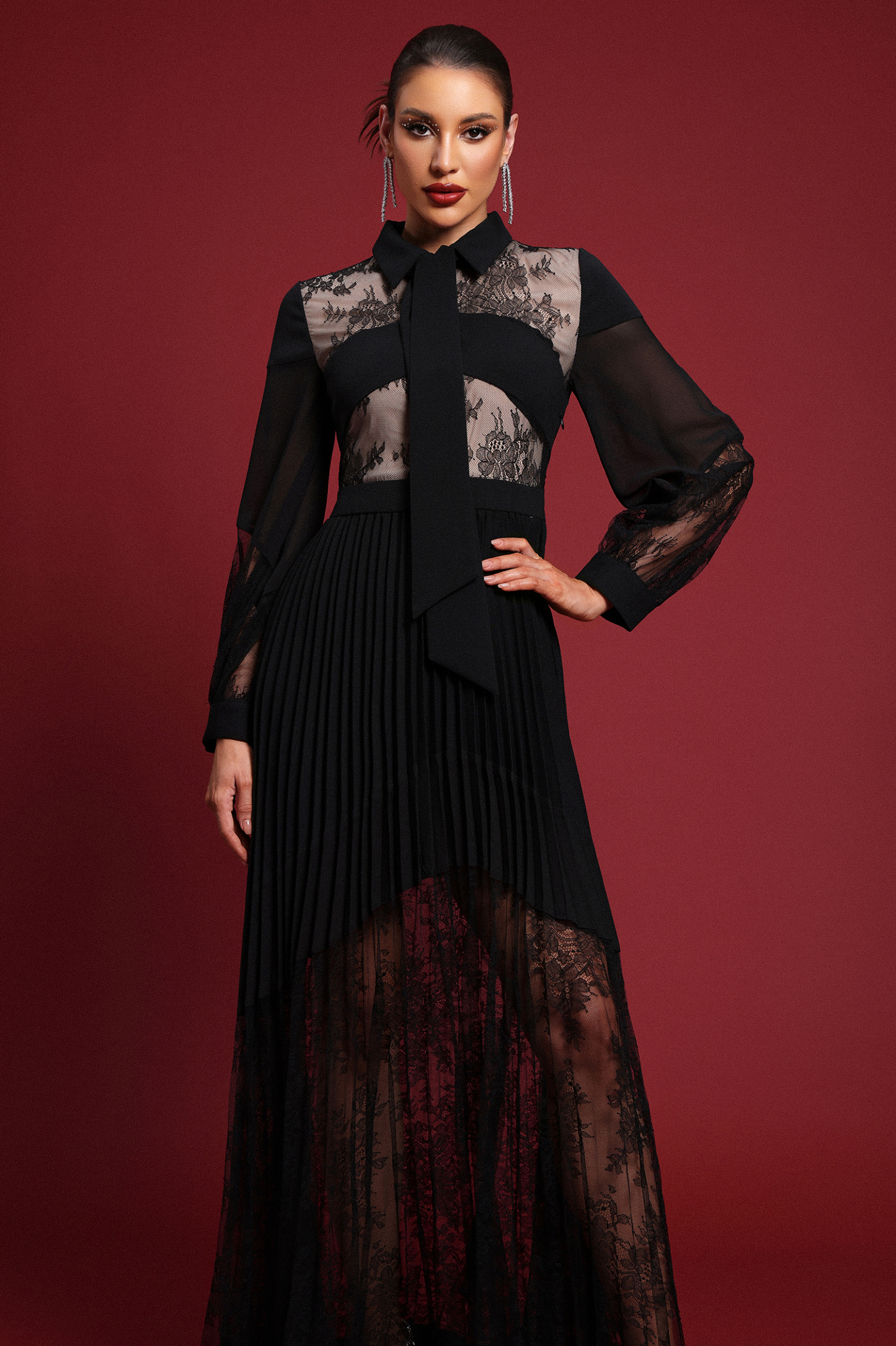 Ellyson Romantic Flowy Long Sleeve Cut out Lace Maxi Dress