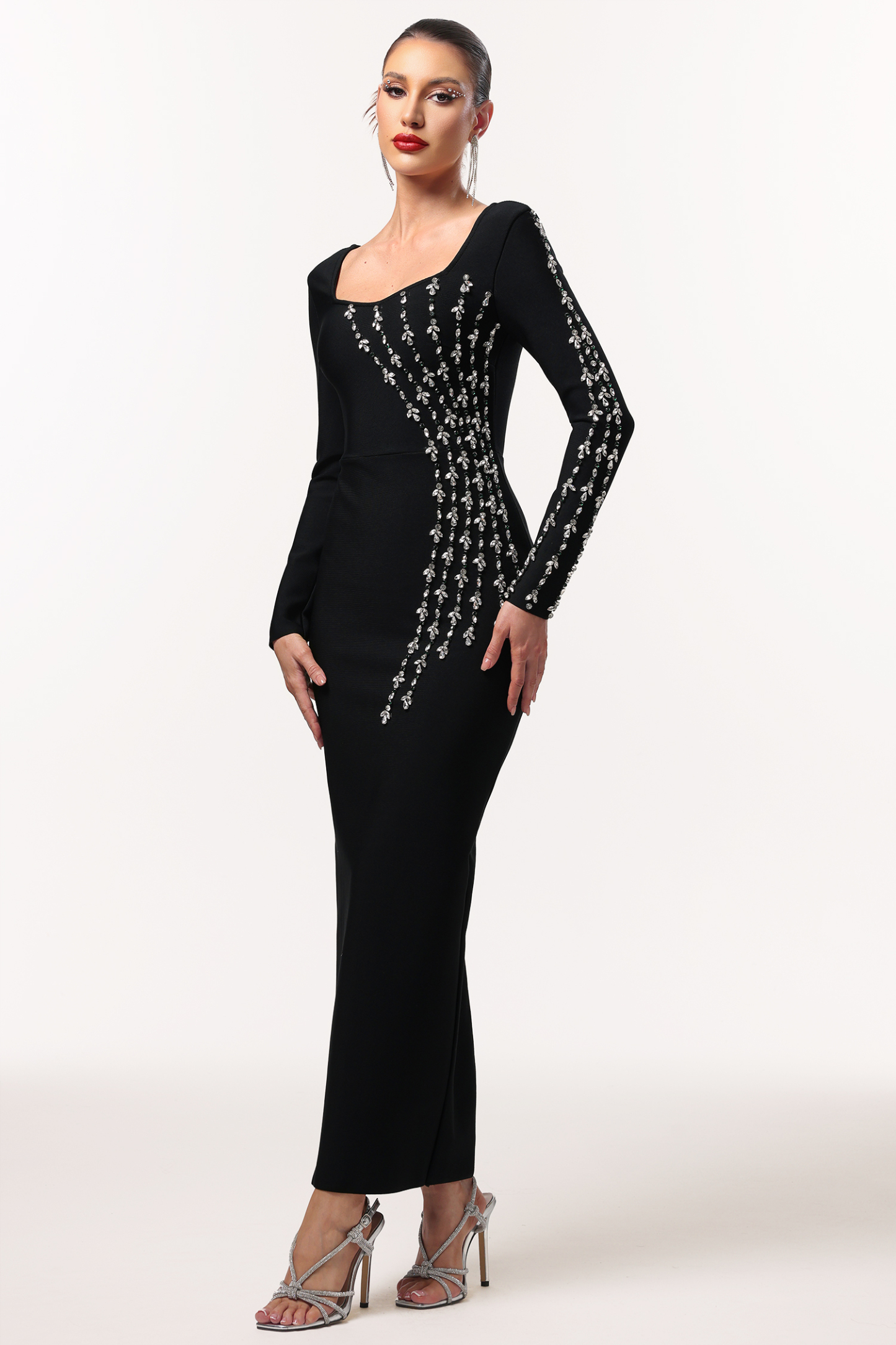 Joie Elegant Contour Long Sleeve Rhinestone Bandage Maxi Dress