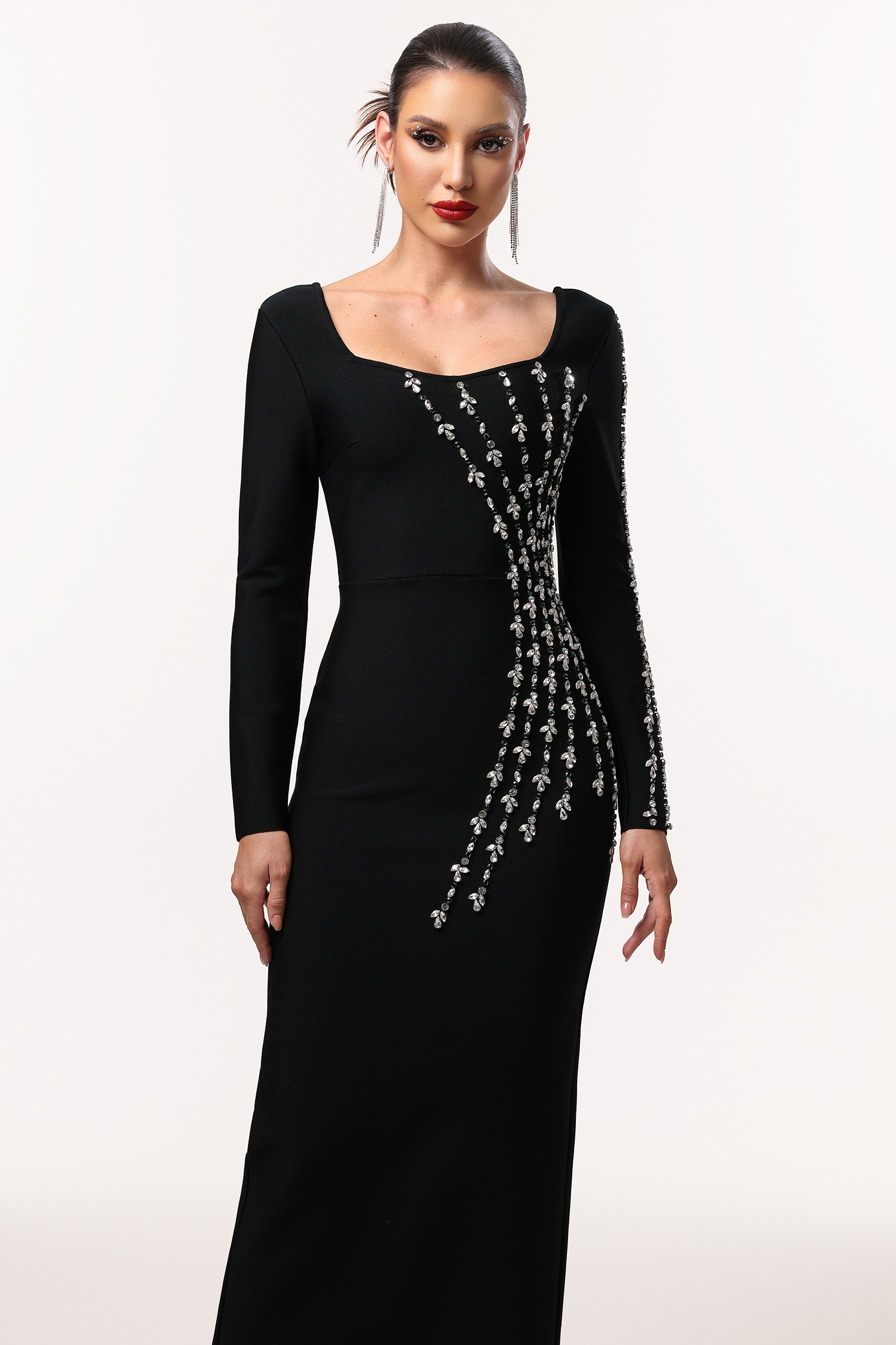 Joie Elegant Contour Long Sleeve Rhinestone Bandage Maxi Dress