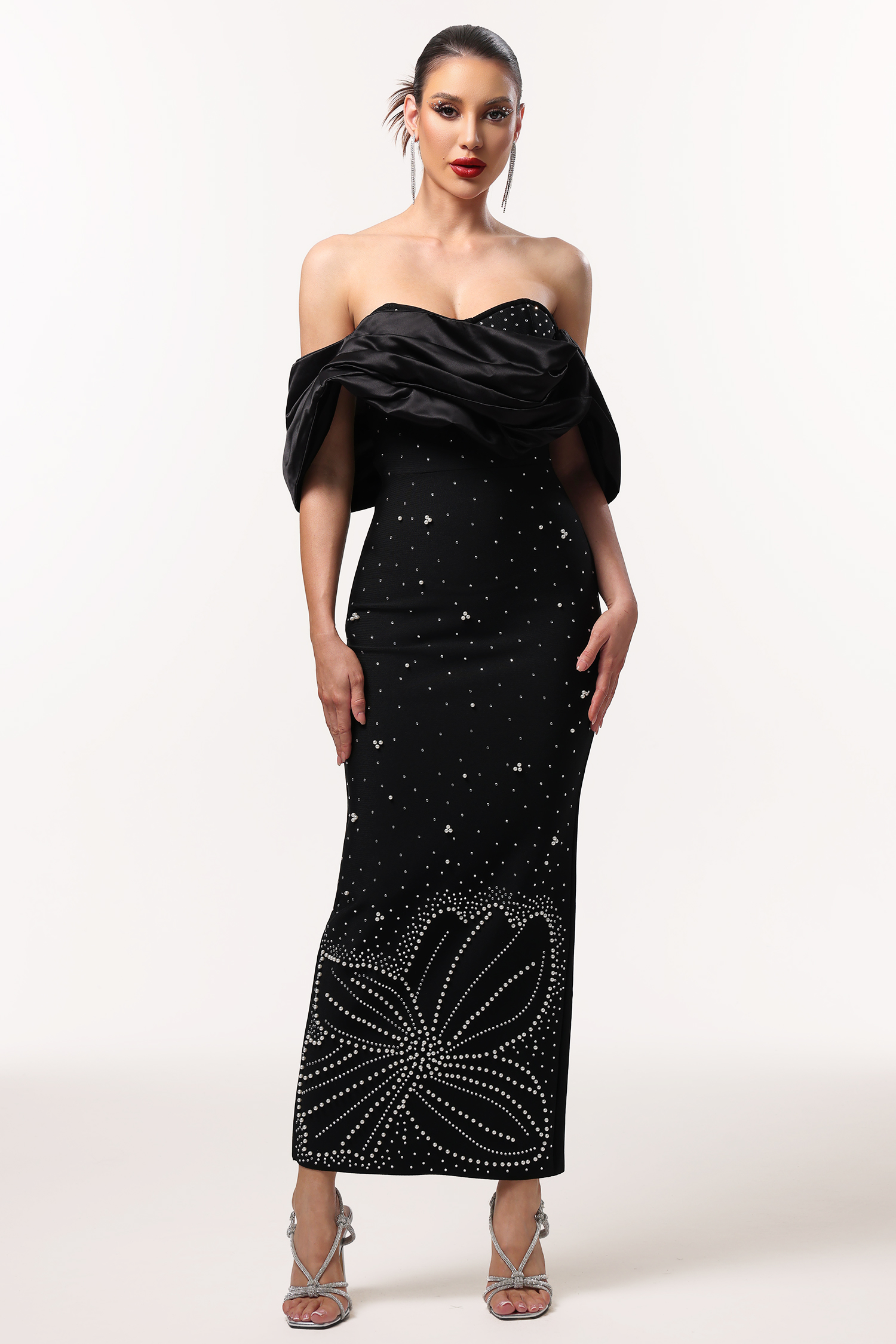 Winify Off Shoulder Rhinestone Bandage Black Maxi Dress