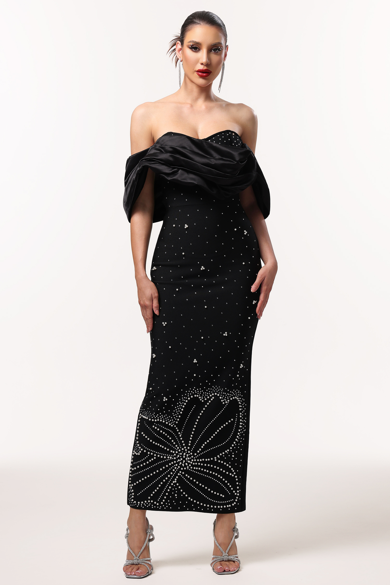 Winify Off Shoulder Rhinestone Bandage Black Maxi Dress