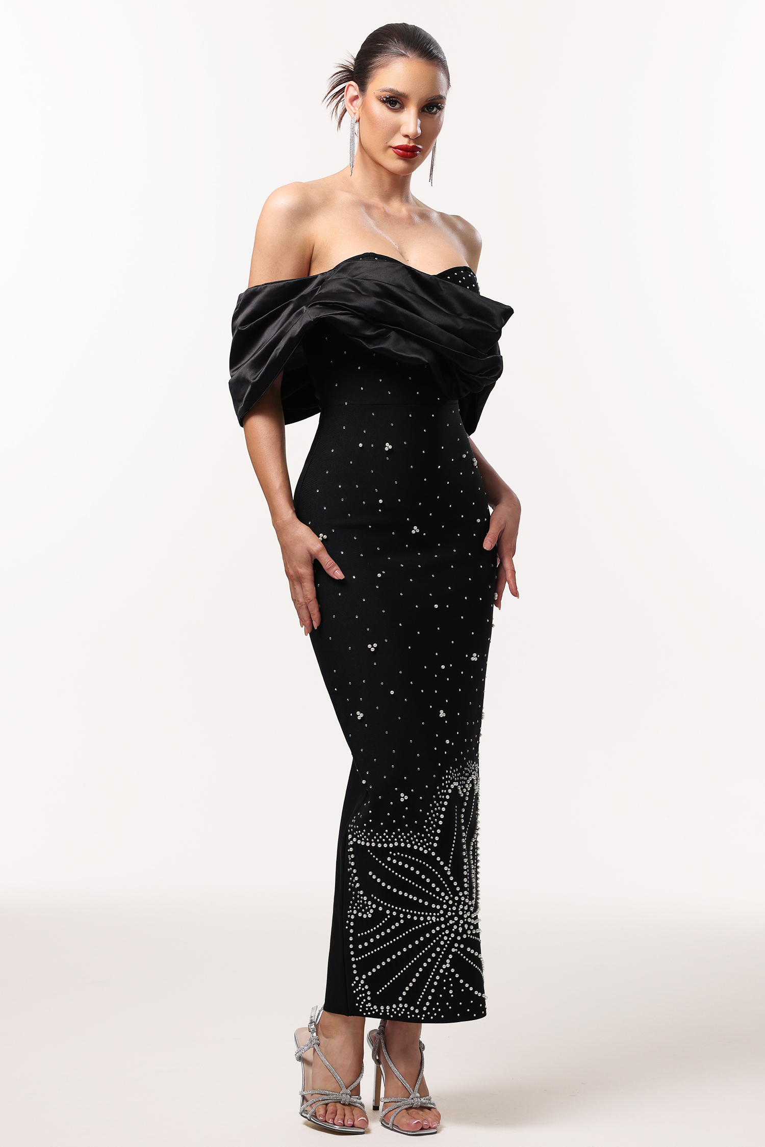 Winify Off Shoulder Rhinestone Bandage Black Maxi Dress
