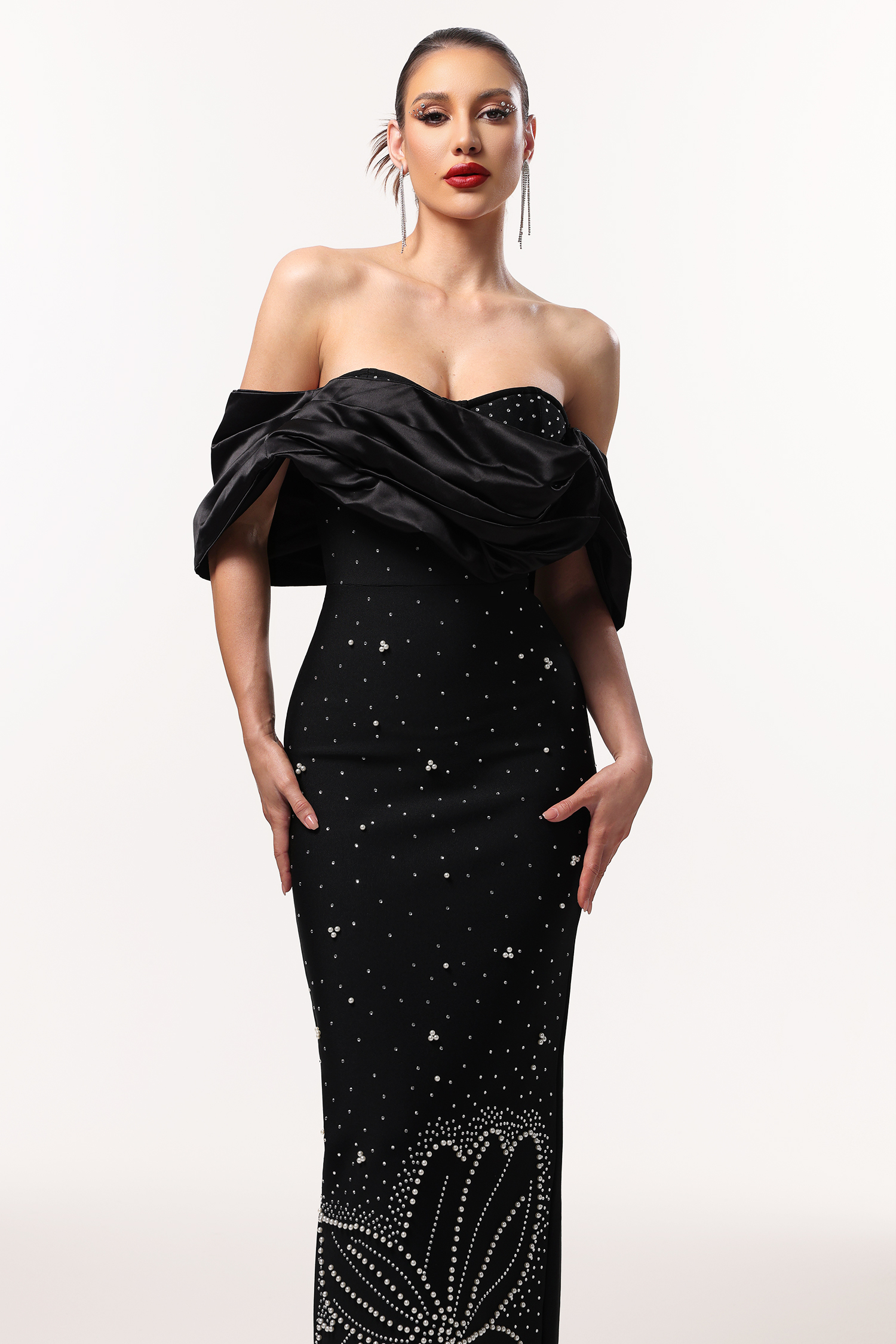 Winify Off Shoulder Rhinestone Bandage Black Maxi Dress