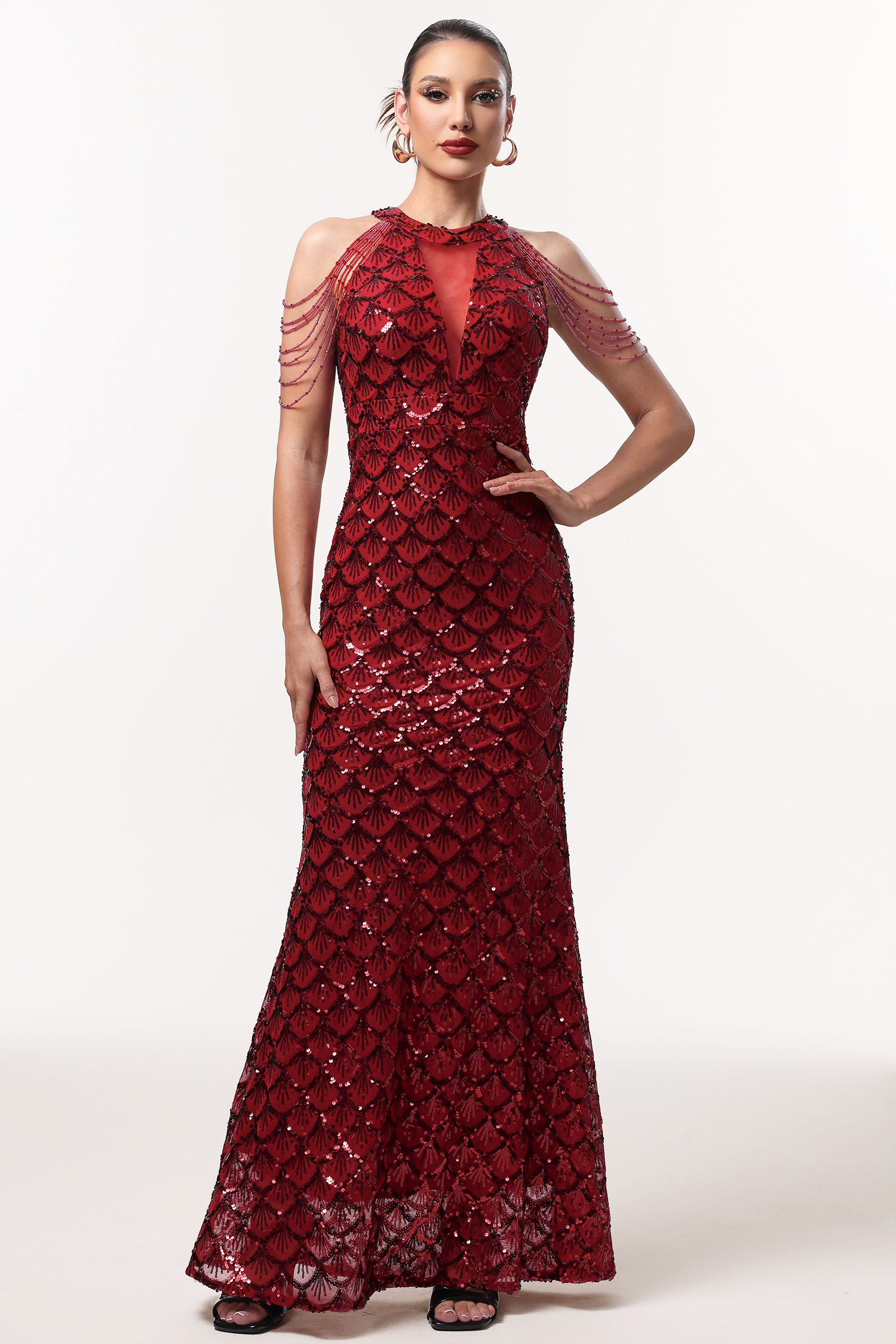 Mallen Glamorous Embellished Halter Fish Scale Sequin Maxi Dress