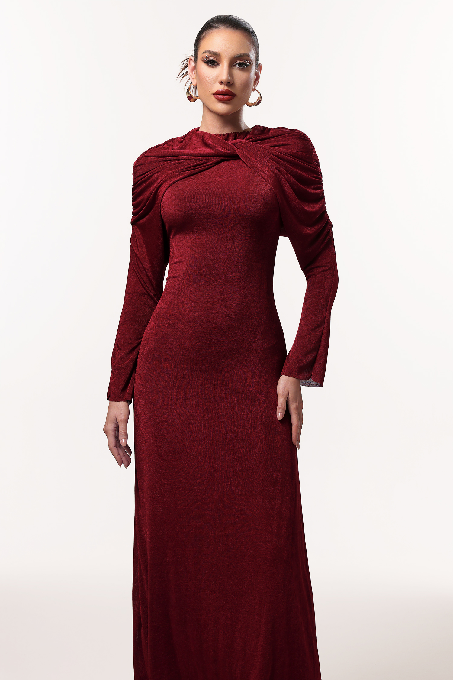 Sapphire Elegant Contour Long Sleeve Ruched Knit Maxi Dress