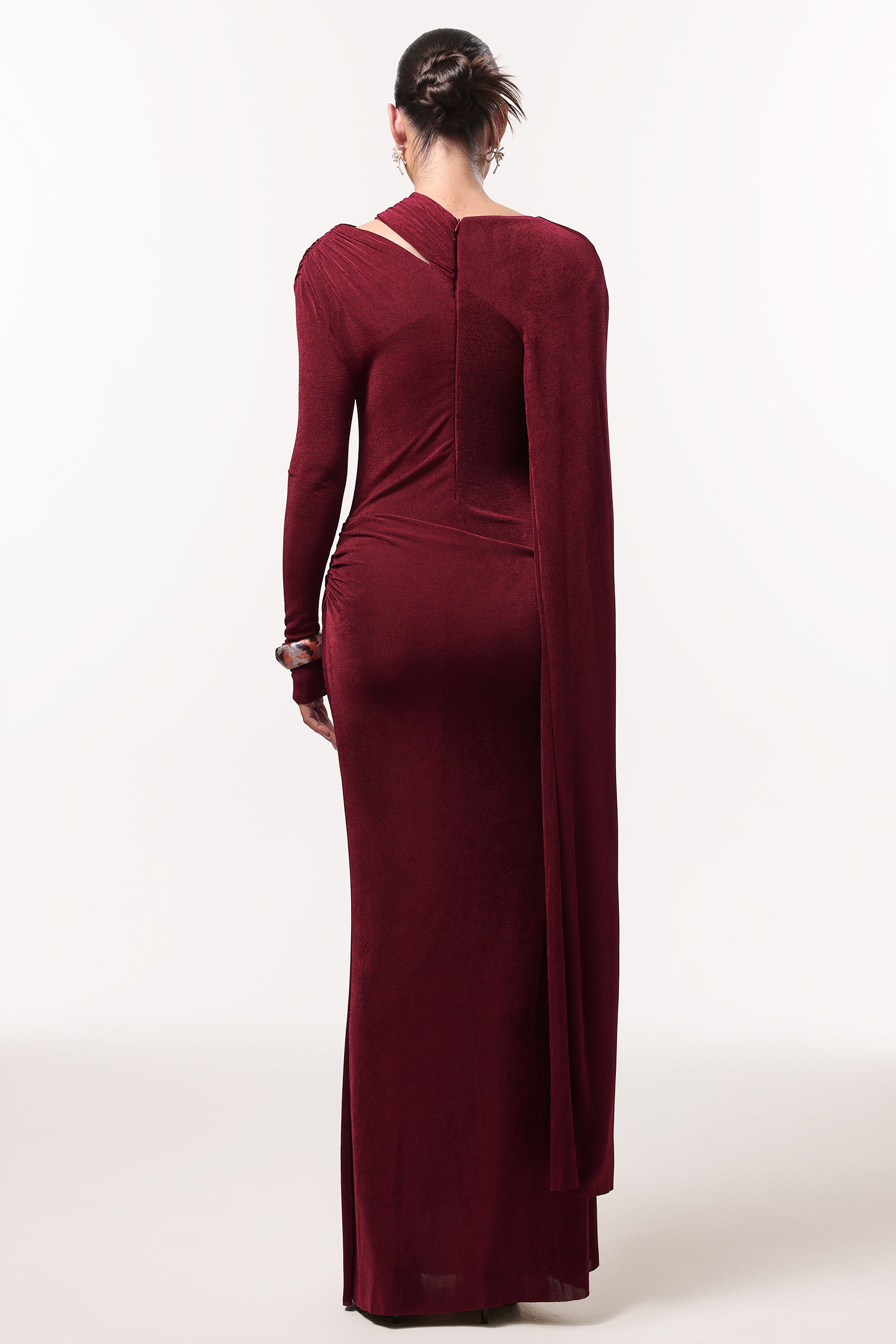 Gerasa Elegant Contour Long Sleeve Asymmetrical Cape Knit Red Maxi Dress