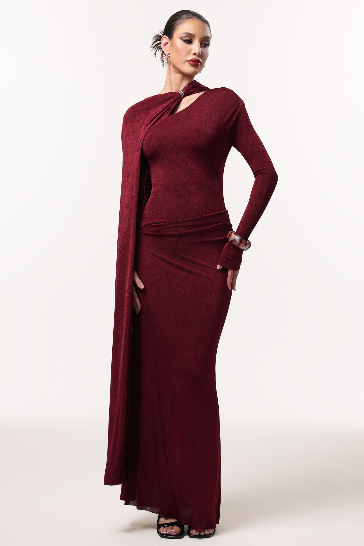Gerasa Elegant Contour Long Sleeve Asymmetrical Cape Knit Red Maxi Dress