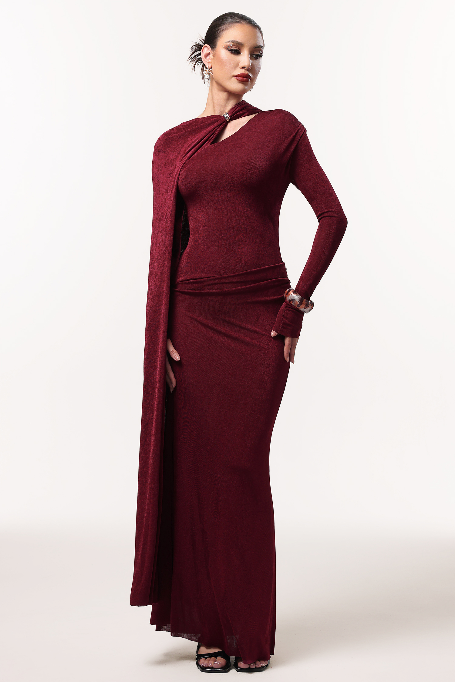 Gerasa Elegant Contour Long Sleeve Asymmetrical Cape Knit Red Maxi Dress