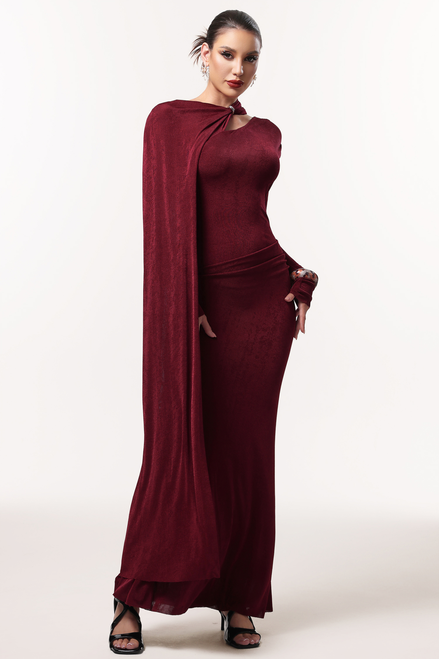 Gerasa Elegant Contour Long Sleeve Asymmetrical Cape Knit Red Maxi Dress