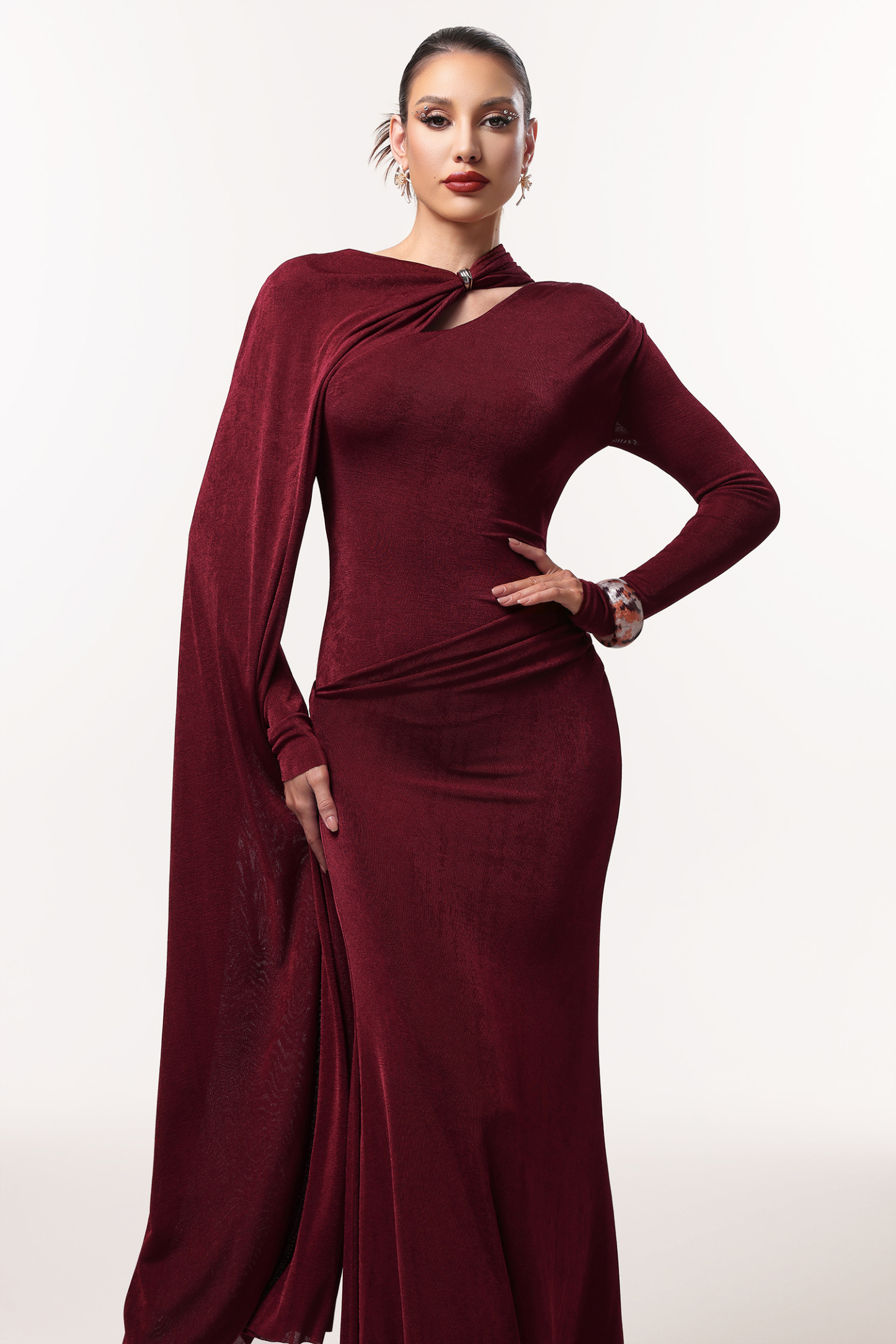 Gerasa Elegant Contour Long Sleeve Asymmetrical Cape Knit Red Maxi Dress