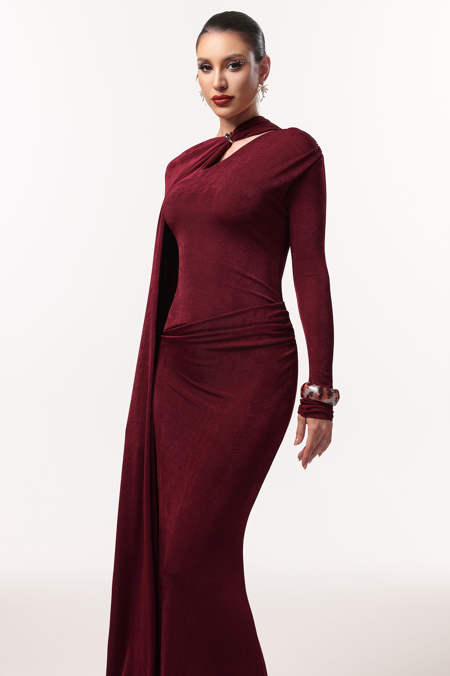 Gerasa Elegant Contour Long Sleeve Asymmetrical Cape Knit Red Maxi Dress