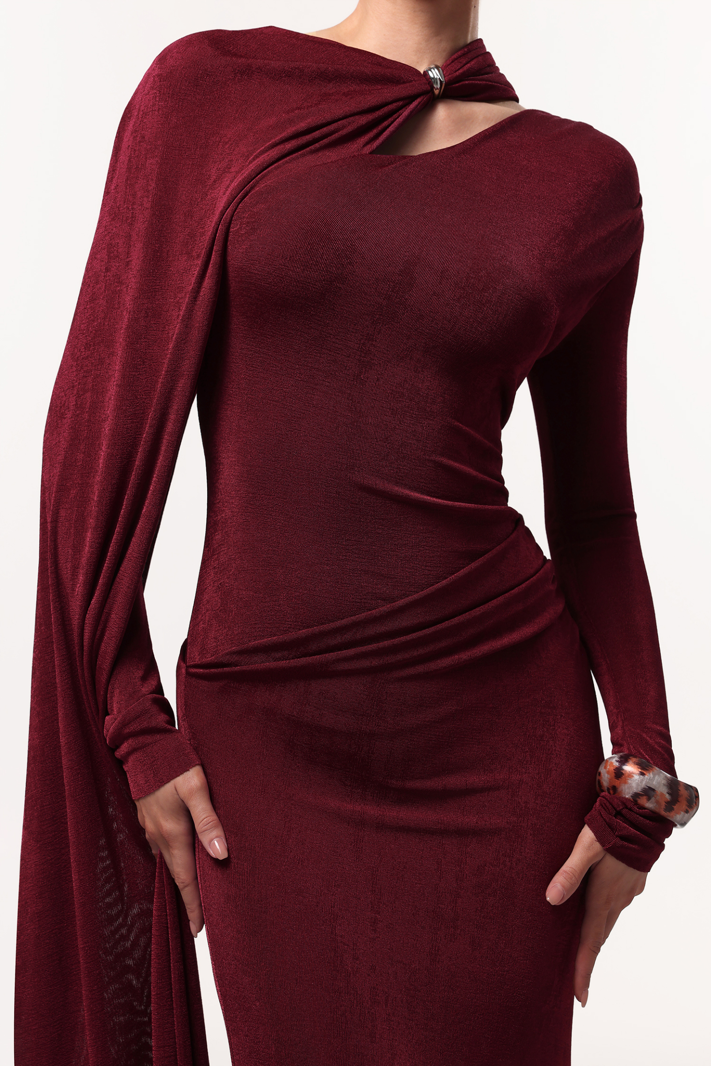 Gerasa Elegant Contour Long Sleeve Asymmetrical Cape Knit Red Maxi Dress