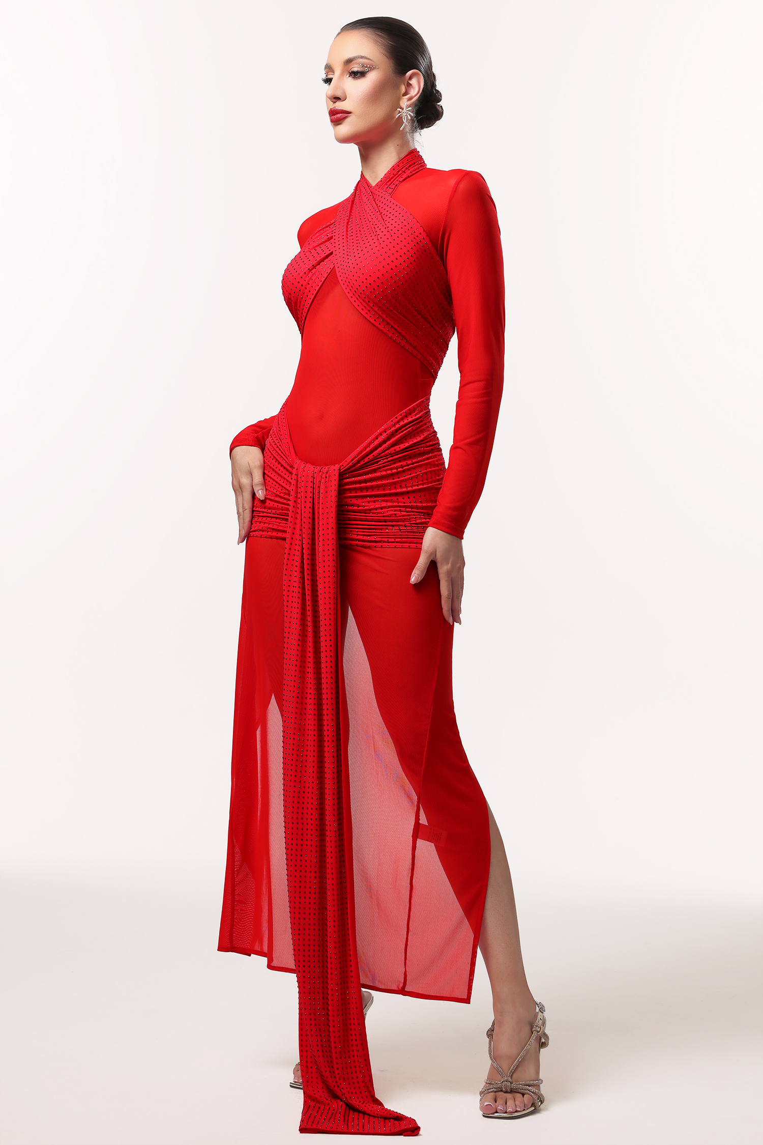 Yaliu Sexy Contour Long Sleeve Ruched Crystal Mesh Maxi Dress