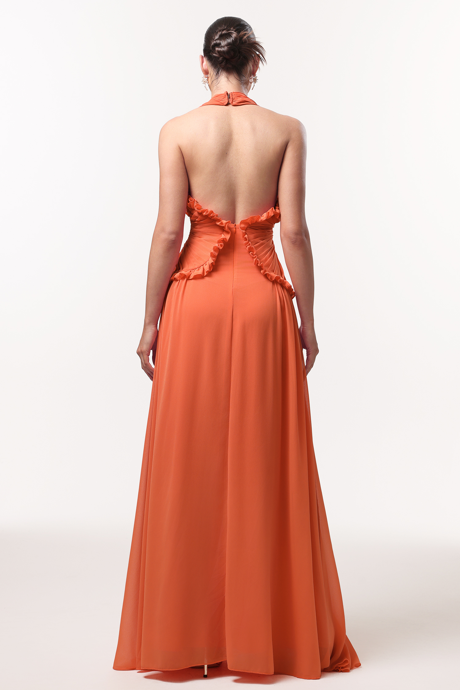 Pinky Resort Flowy Halter Ruched Mesh Maxi Dress