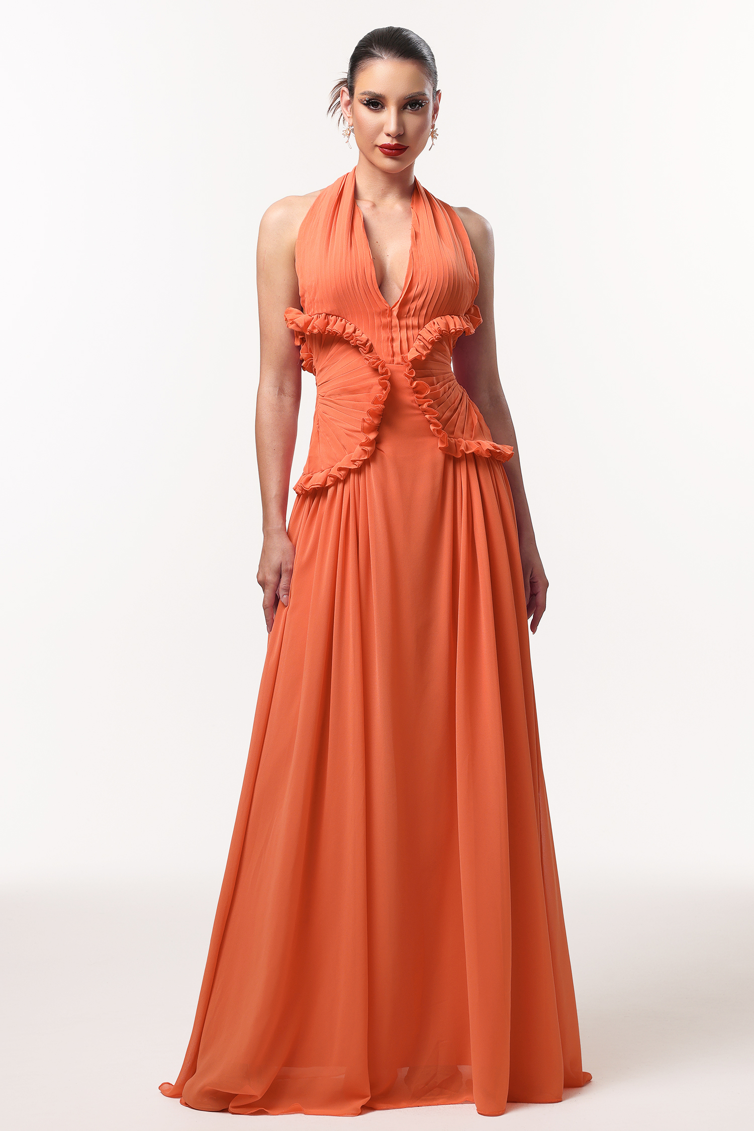 Pinky Resort Flowy Halter Ruched Mesh Maxi Dress