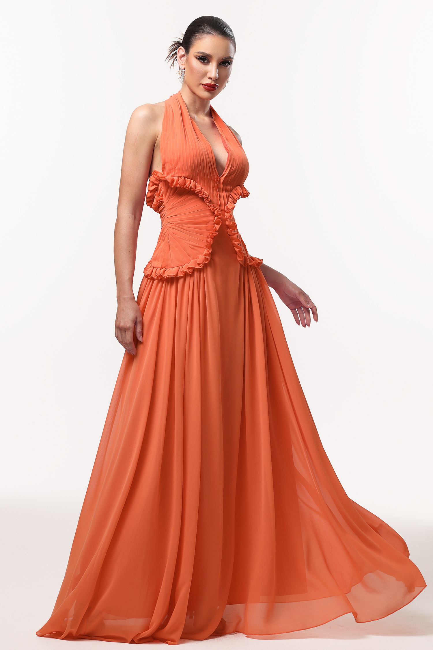 Pinky Resort Flowy Halter Ruched Mesh Maxi Dress