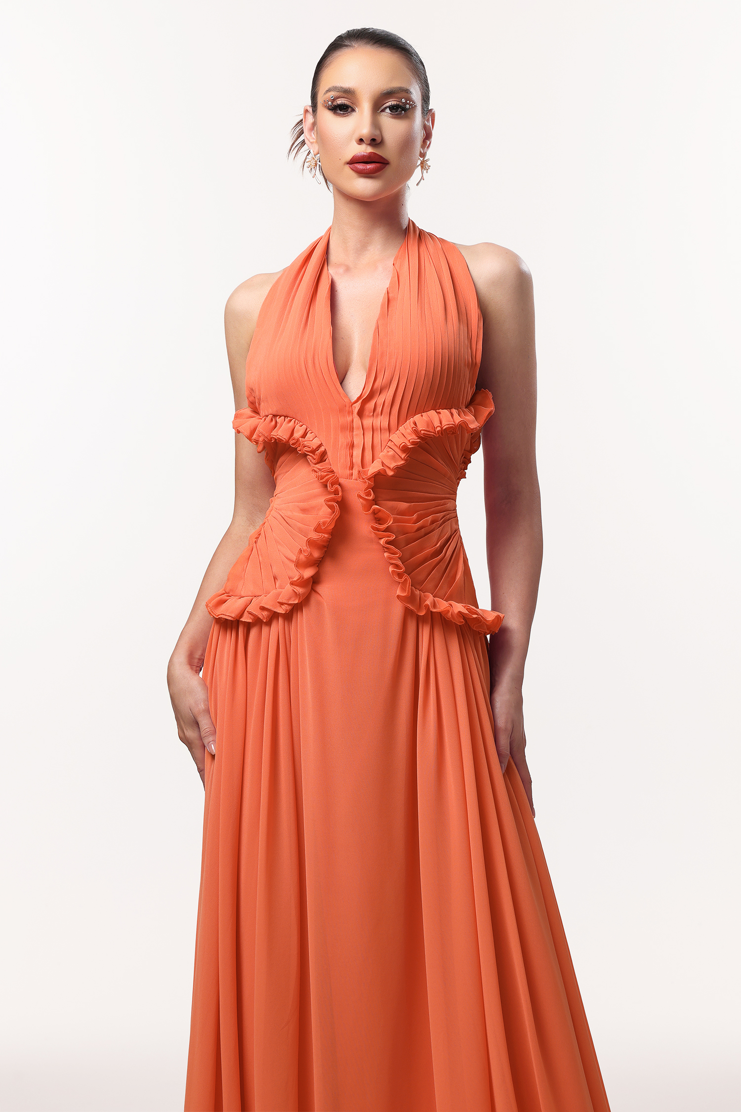 Pinky Resort Flowy Halter Ruched Mesh Maxi Dress – Bellabarnett