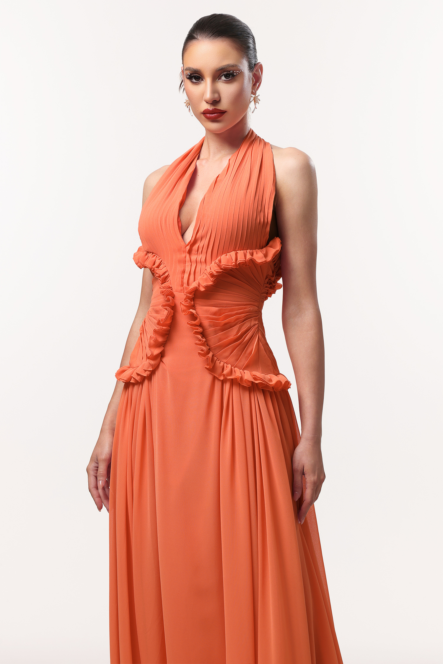 Pinky Resort Flowy Halter Ruched Mesh Maxi Dress