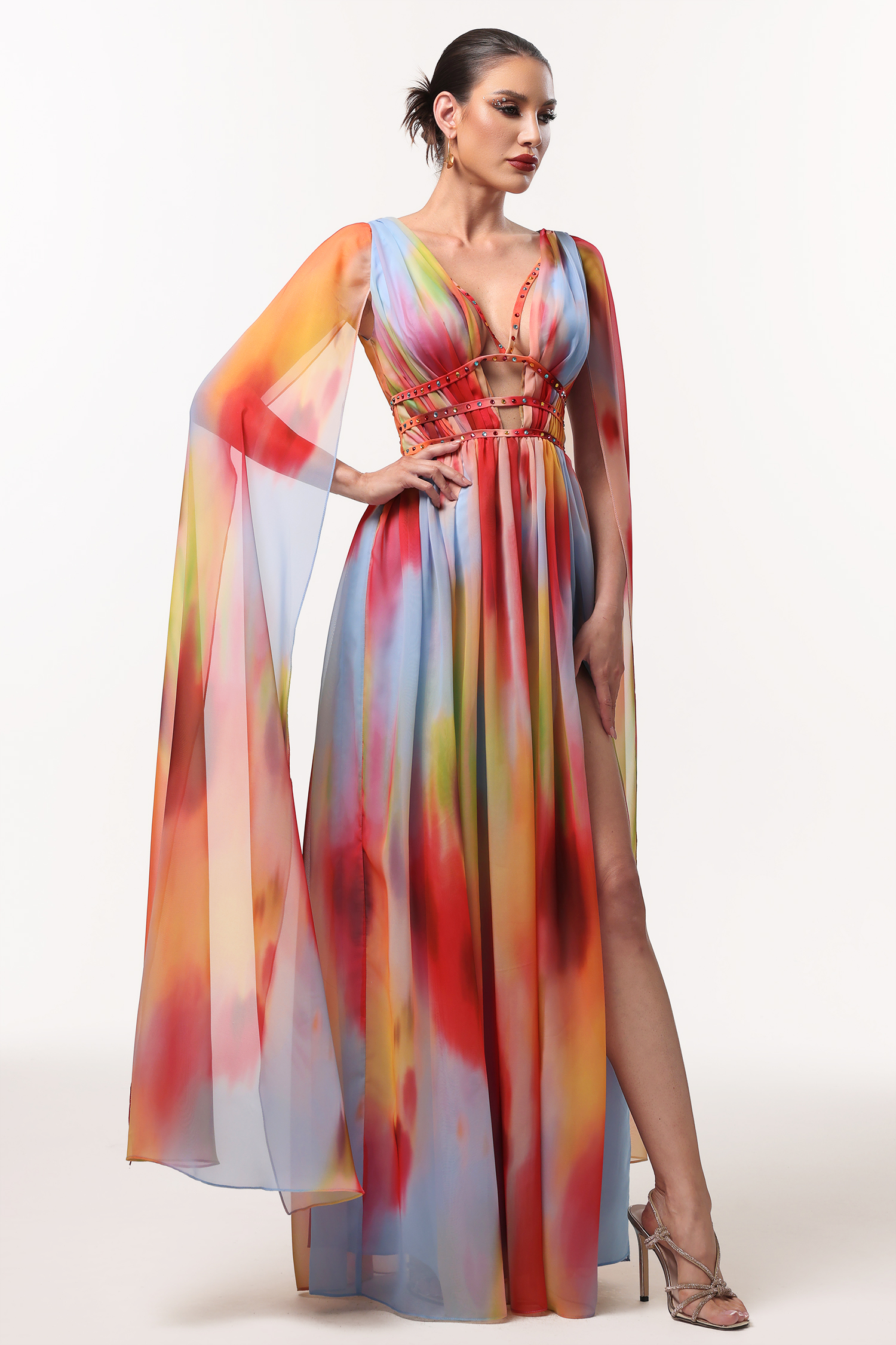 Zelda Sexy Flowy V Neck Cape Sleeve Abstract Print Maxi Dress