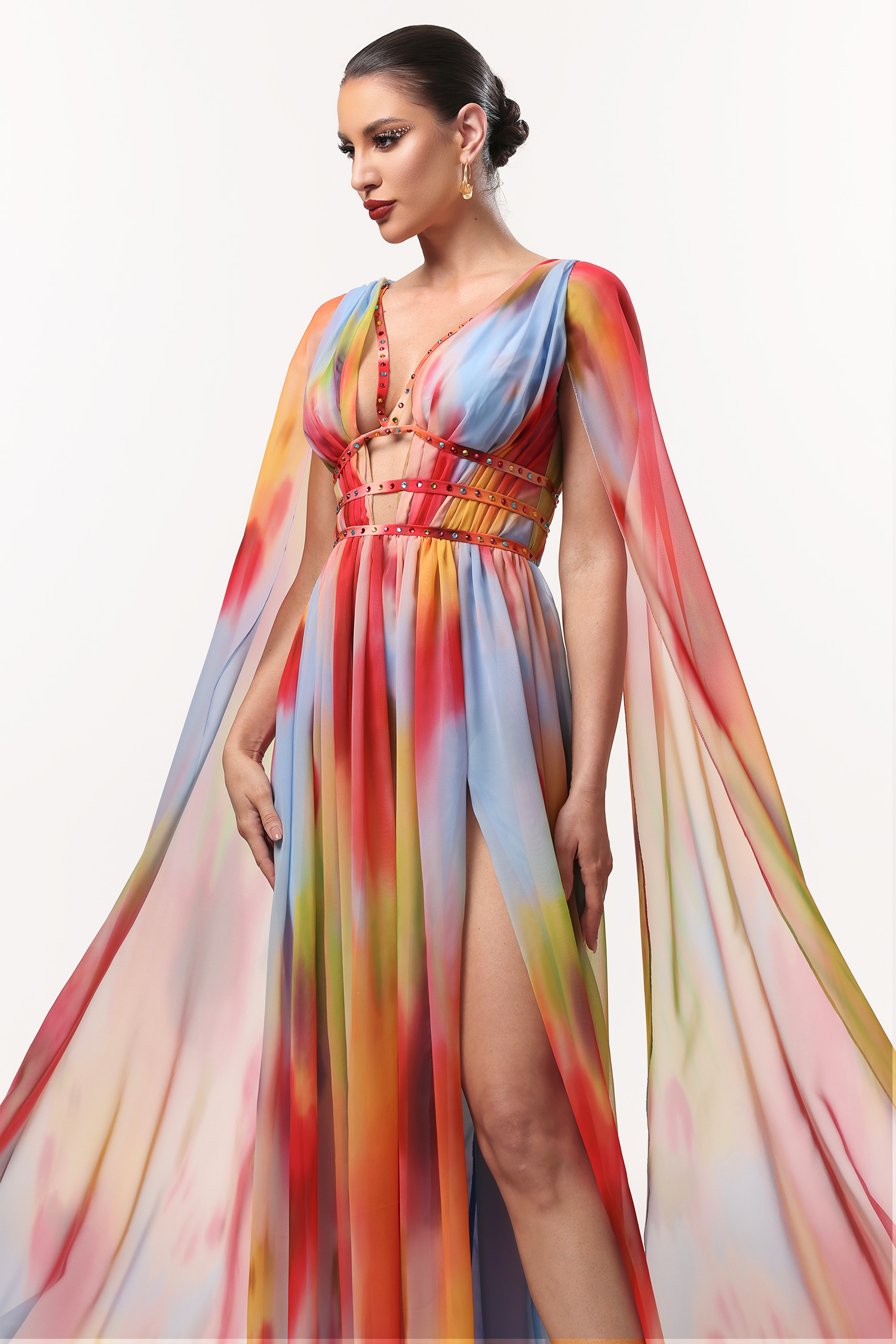 Zelda Sexy Flowy V Neck Cape Sleeve Abstract Print Maxi Dress