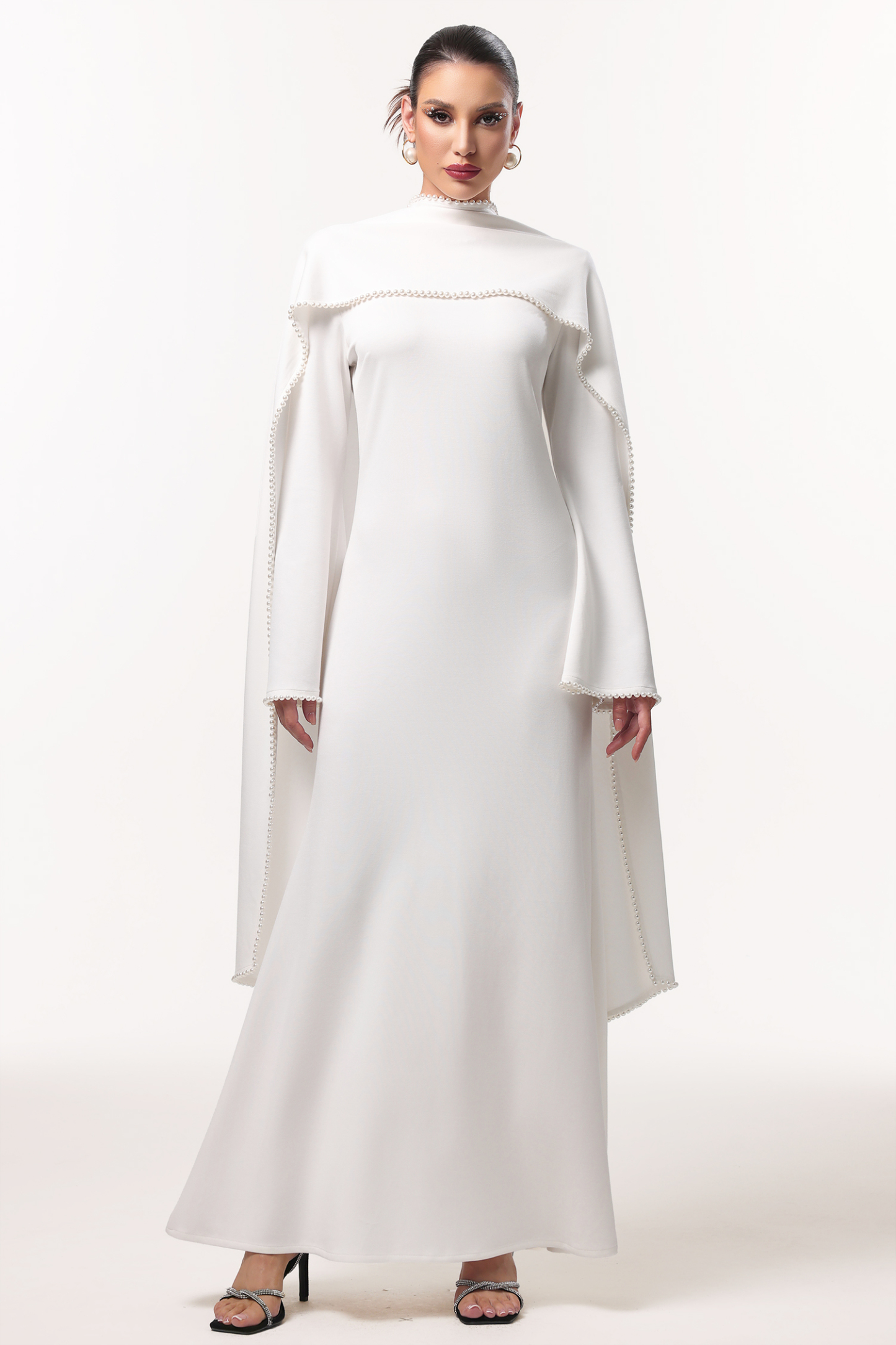 Selene Elegant Flowy Long Sleeve Pearl Scarf Maxi Dress