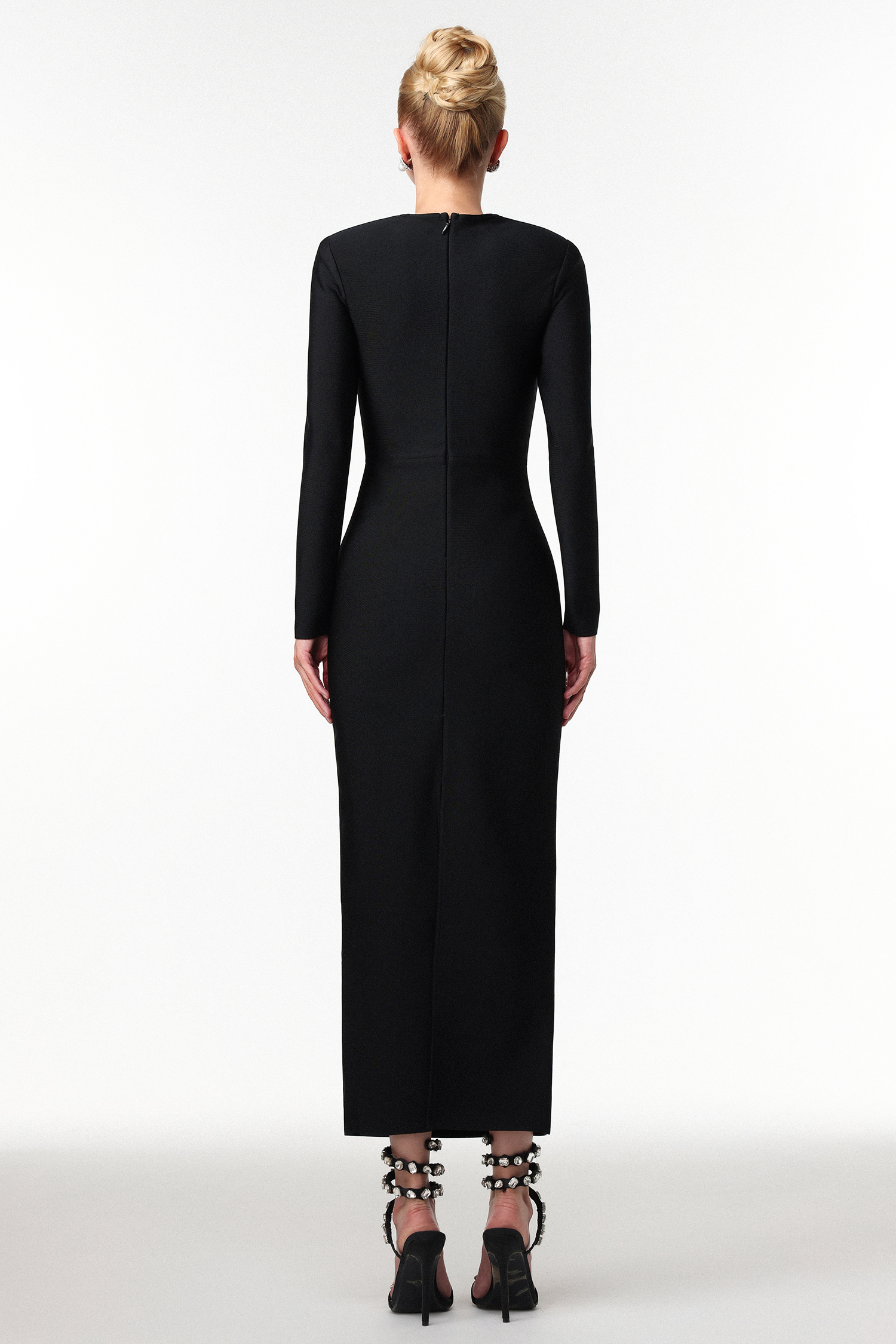 Jensen Elegant Contour Long Sleeve Rhinestone Bandage Maxi Dress