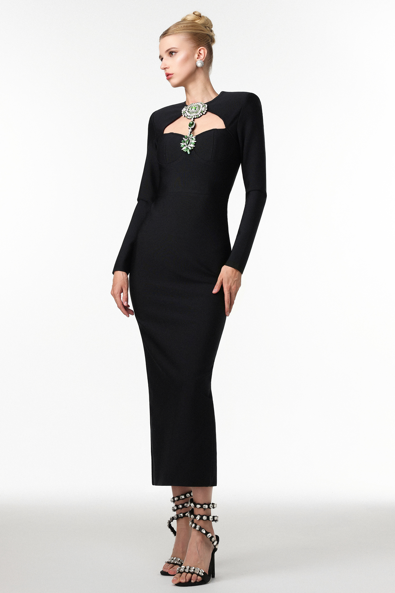 Jensen Elegant Contour Long Sleeve Rhinestone Bandage Maxi Dress