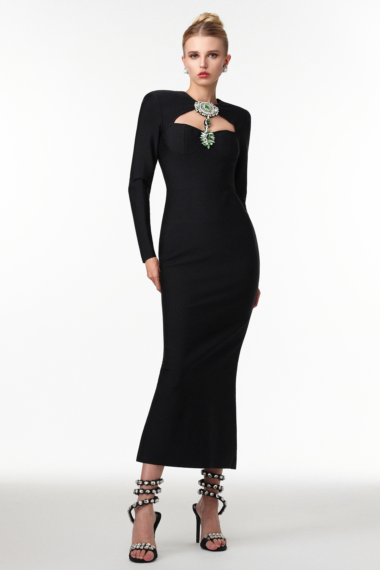 Jensen Elegant Contour Long Sleeve Rhinestone Bandage Maxi Dress
